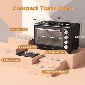 HOMCOM 46L Mini Oven Dual Hot Plates, Electric Countertop Cooker, Black