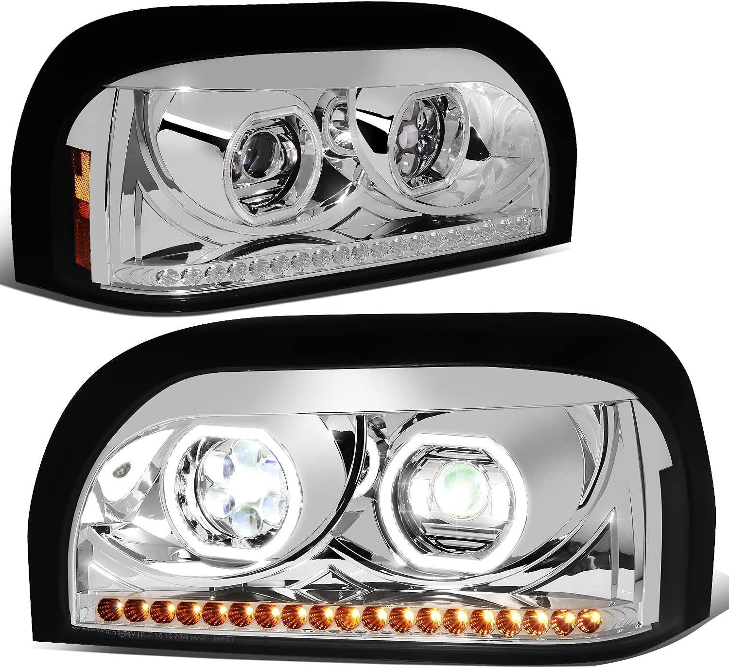 DNA MOTORING HL-HAY-009-CH Chrome Amber Sequential Chase Turn Signal Headlights w/Dual LED Halo DRL Compatible with 96-10 Freightliner Century, Left & Right Side