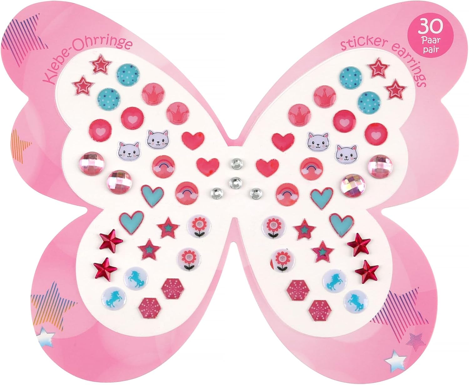 30 Pairs Butterfly Stick On Earrings - Kids Unicorn Rainbow Stick On Earrings for Little Girls 4-6 Sticker Earrings Self-Adhesive Gem Press on Stick on Earrings