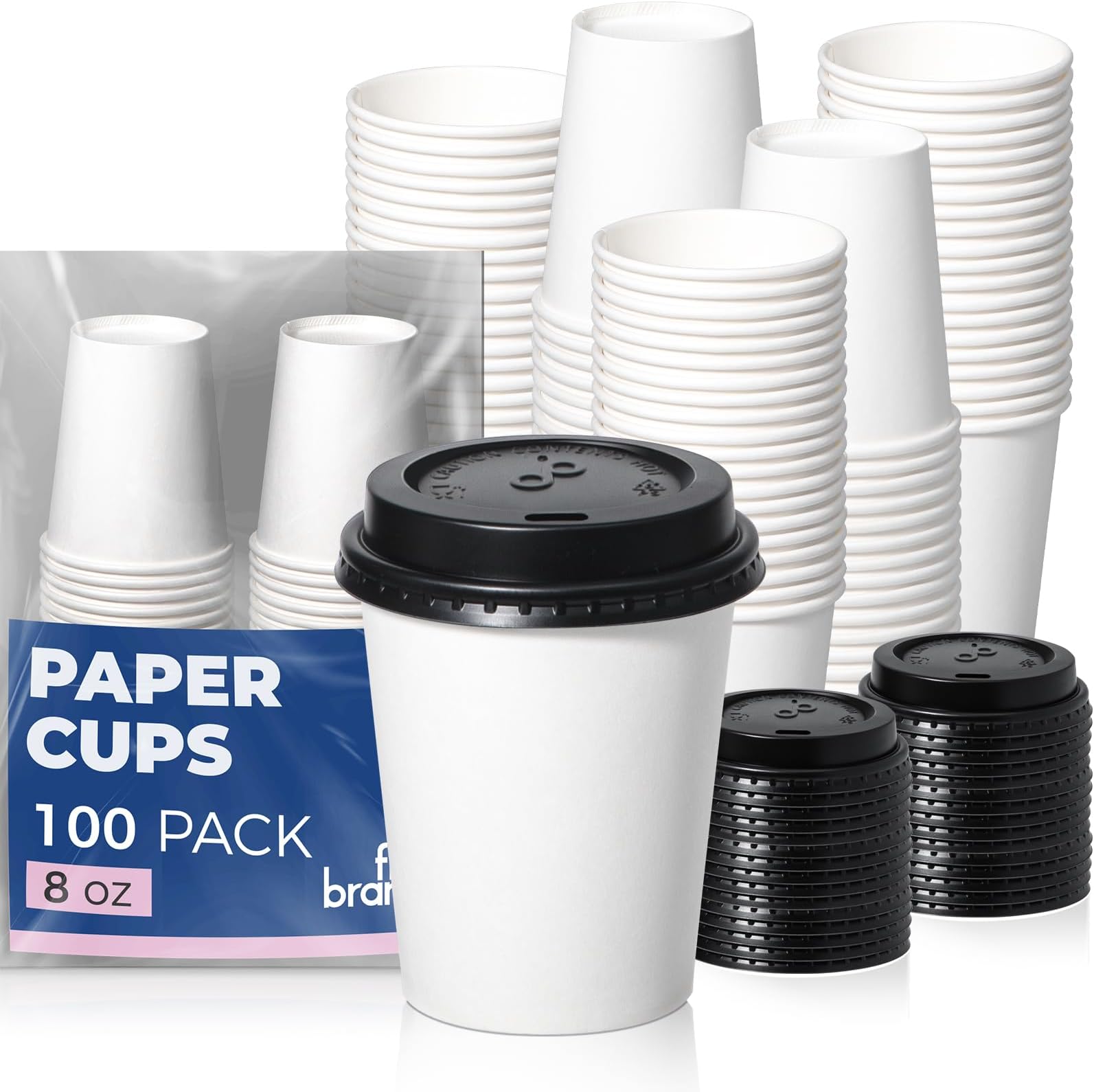 Fit Meal Prep 100 Pack 8 oz Disposable Coffee Cups with Lids, Premium To Go Paper Cups, Leak Proof Hot Coffee Cups with Lids for Travel, Office, Hot/Cold Beverages (Black Lids)