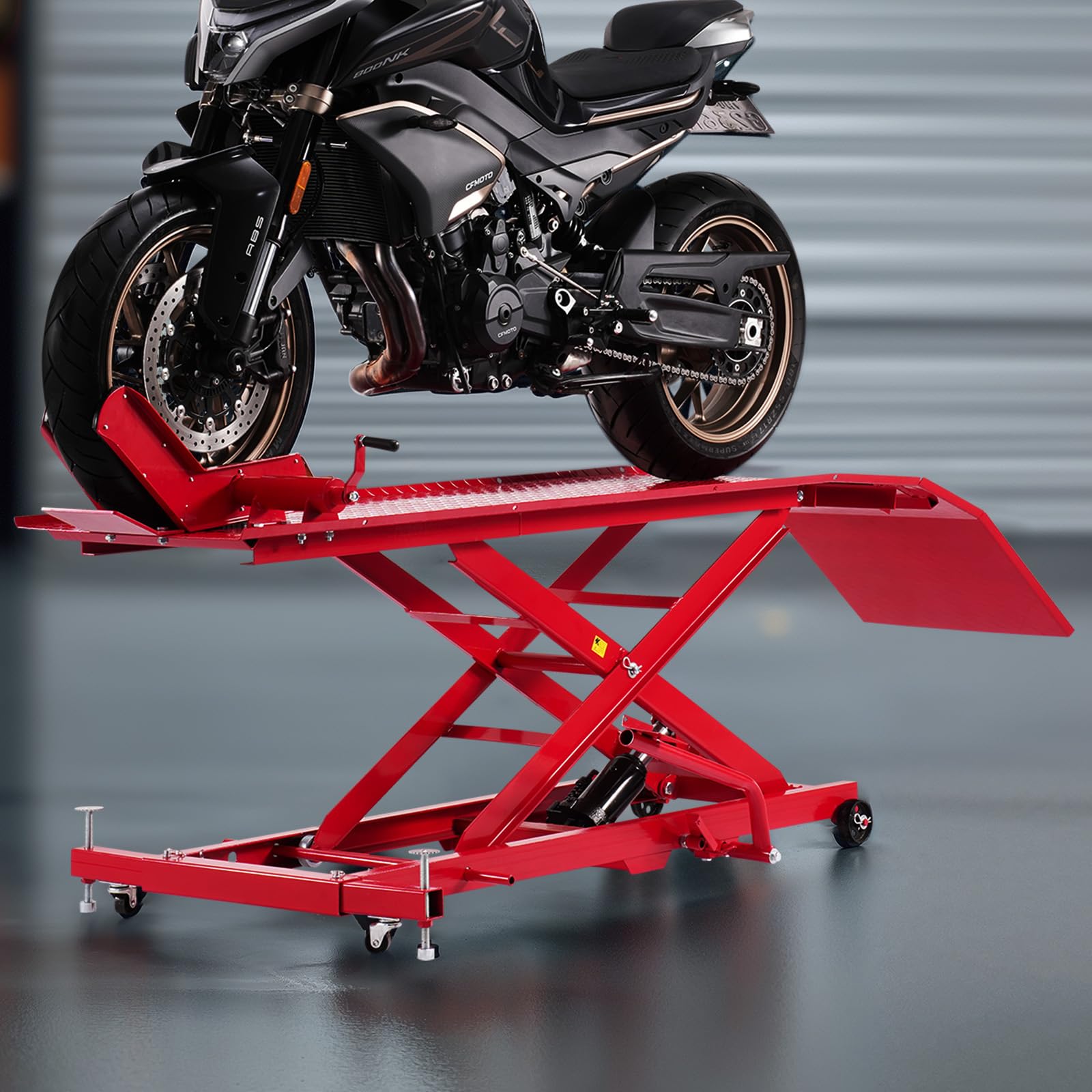 VEVOR Gato Hidráulico para Motocicleta, Carga 457 kg, Flexible de 360°, Rango de Altura 22 a 80 cm, con Cerradura de Seguridad para Vehículos Todoterreno y Motos de Cross, 2785 x 1015 x 1018 mm