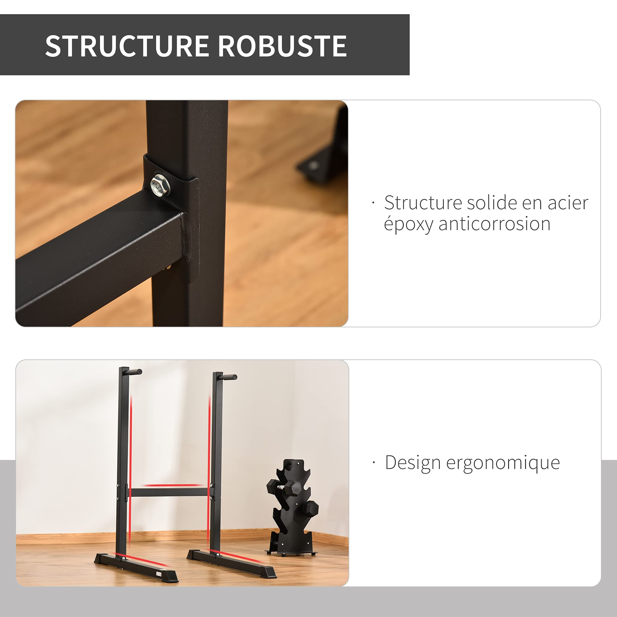 HOMCOM Appareil abdominaux dips barres à dips Fitness poignées ergonomiques et pieds antidérapants acier 104 x 70,5 x 122 cm noir