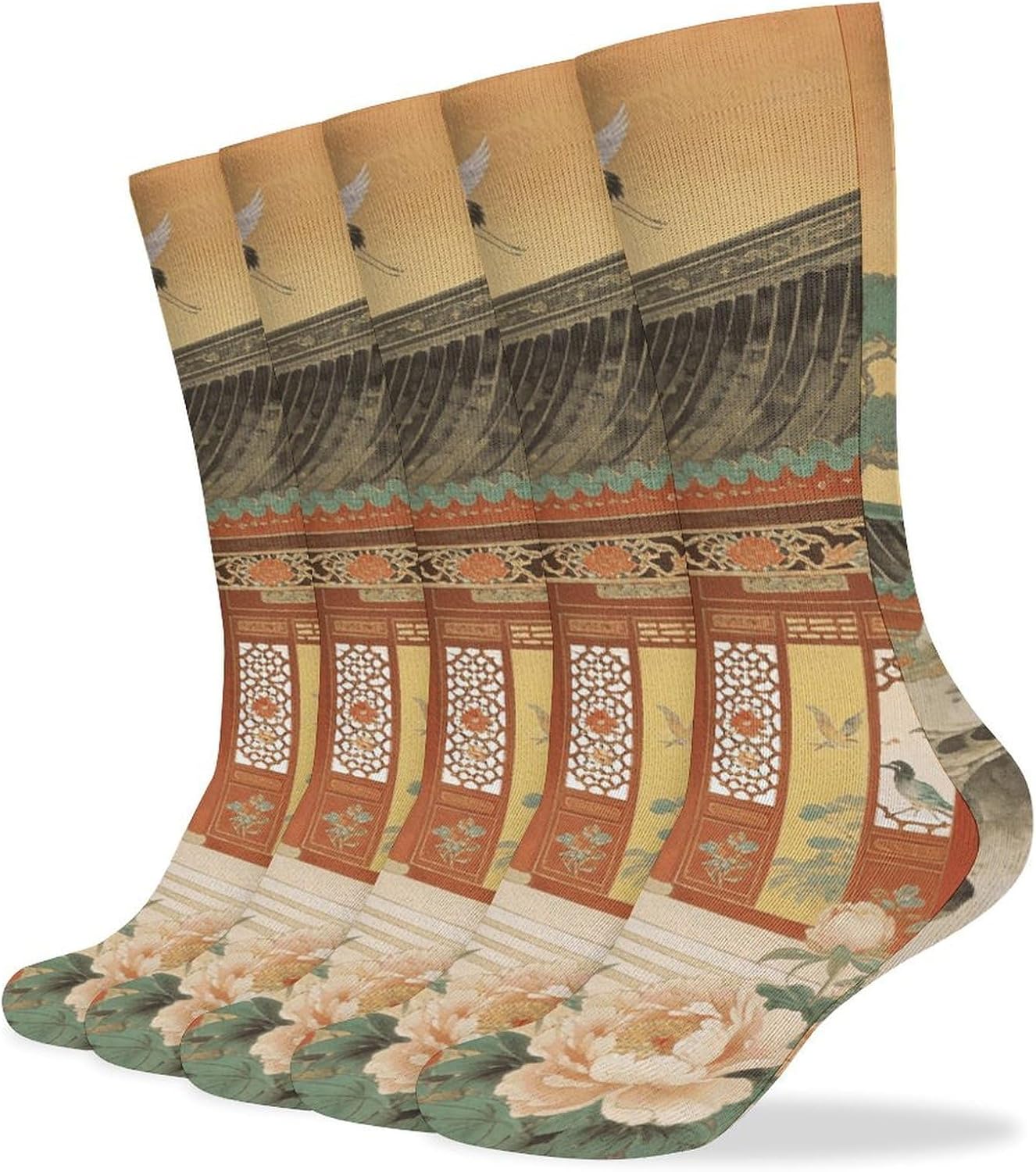 Cranes Dance in The Garden Crew Socks Cozy Casual Calf Socks Lightweight Long Work Sock Breathable Athletic Sock for Hiking Sports Running 5 Pairs