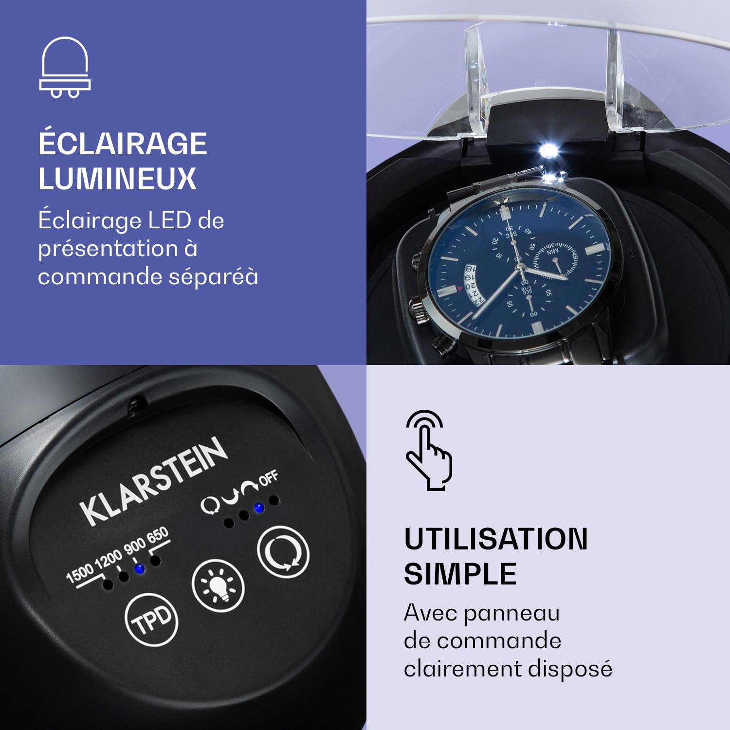 KLARSTEIN St. Gallen LL - Remontoir de Montre, Sens Gauche/Droite ou bidirectionnel, 4 programmes : 650/900/1200/1500 TPJ, éclairage LED indépendant, Panneau de Commande Tactile