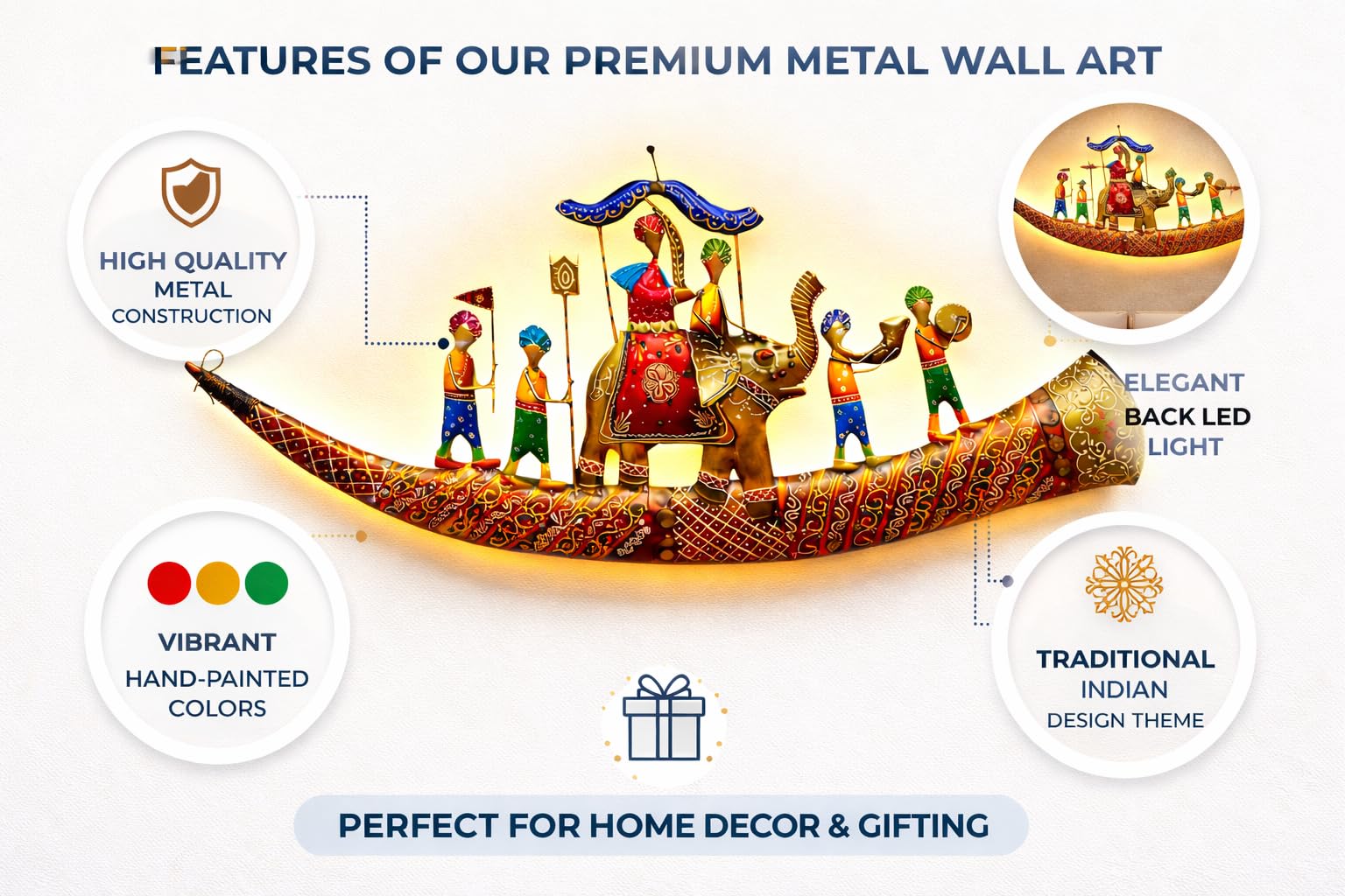 RSN Premium Metal Wall Decor with Back LED Light (46x19 Inch) β Royal Elephant Baarat Scene, Handcrafted Rajasthani Wedding Procession Art, Multicolor Wall Hanging for Living Room & Hall Decor 2