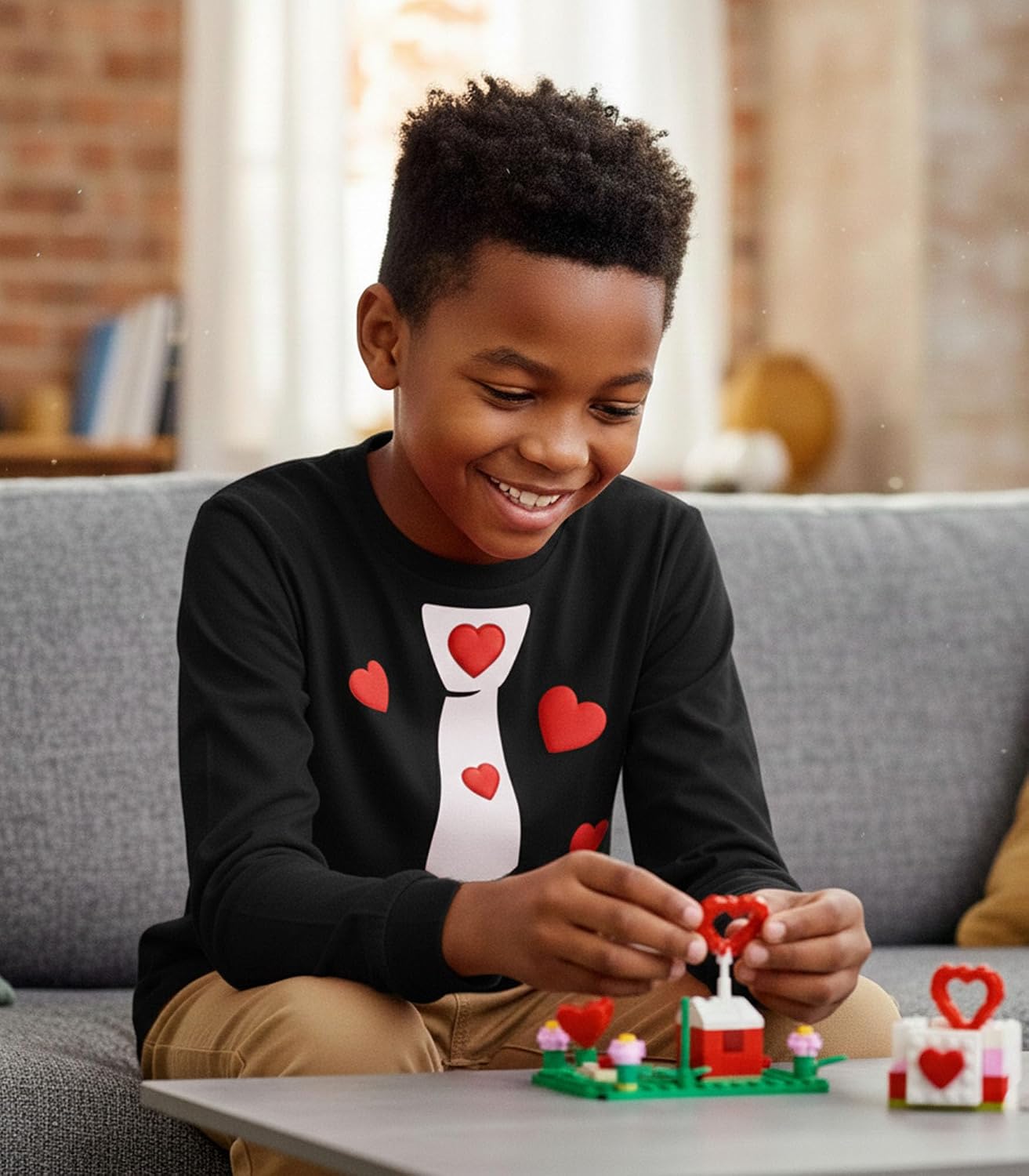 Tstars Red Hearts Tie Kids Valentines Day Shirt - ABC I Love You Long Sleeve Tee for Toddlers & Youth Boys Girls