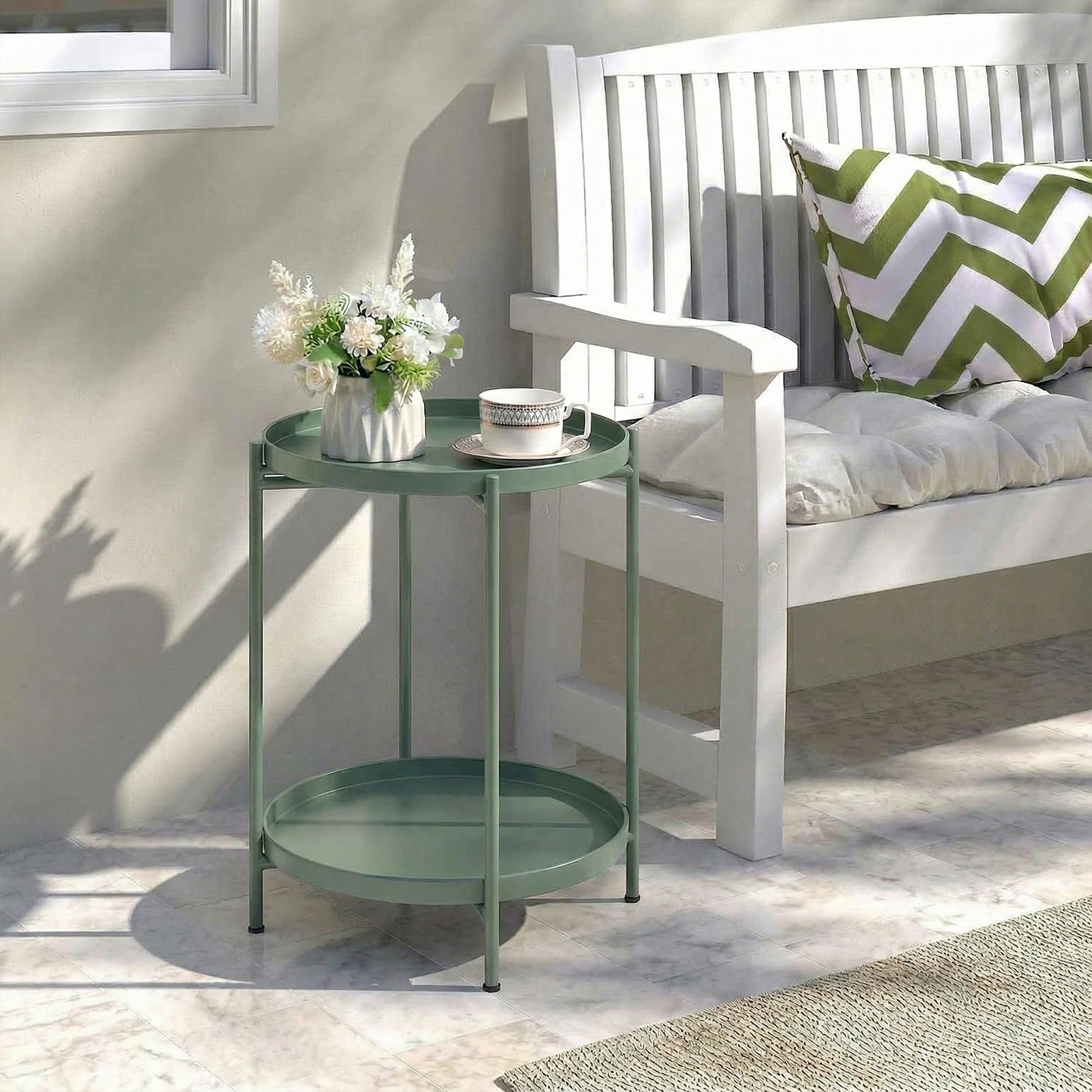HollyHOME Tavolino Rotondo Piccolo Tavolino Salotto Metallo Tavolino Basso 2 Ripiani Comodino Camera da Letto Tavolino da Divano per Soggiorno Balcone Patio, Verde