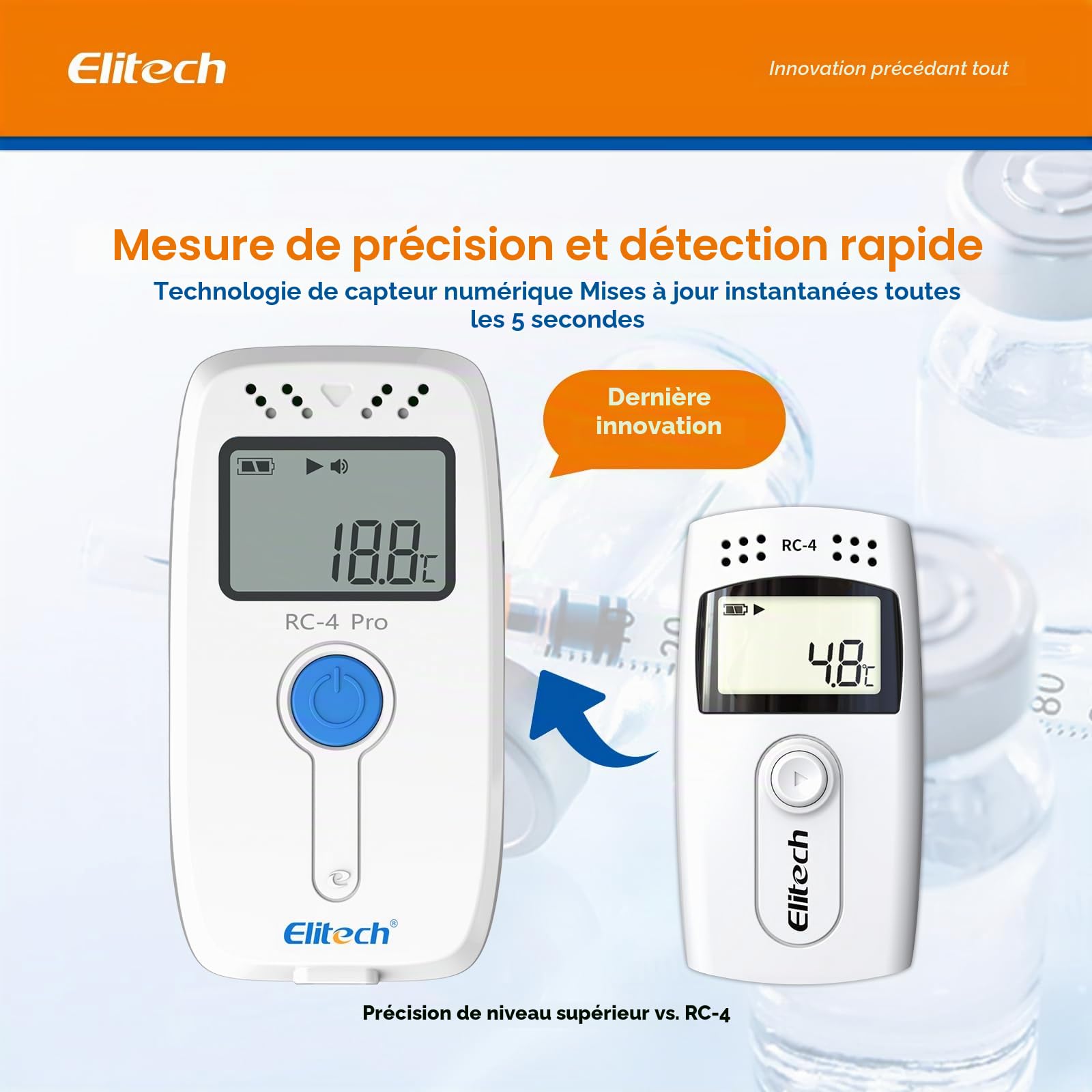 Elitech 5PCS Enregistreur de Température USB, Data Logger pour Réfrigérateur Médical, Stockage Vaccins, Surveillance Chaîne du Froid 64 000 Données, Exportation Auto PDF/CSV, RC-4