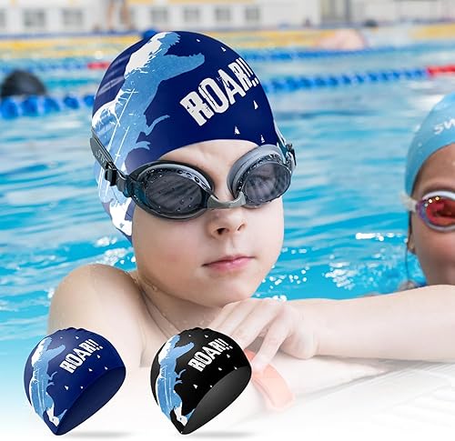 Miniatura 6 de Gorros de natación de dinosaurio para niños, niños y niñas, diseño divertido impermeable para niños, gorro de natación para niños, impermeable,