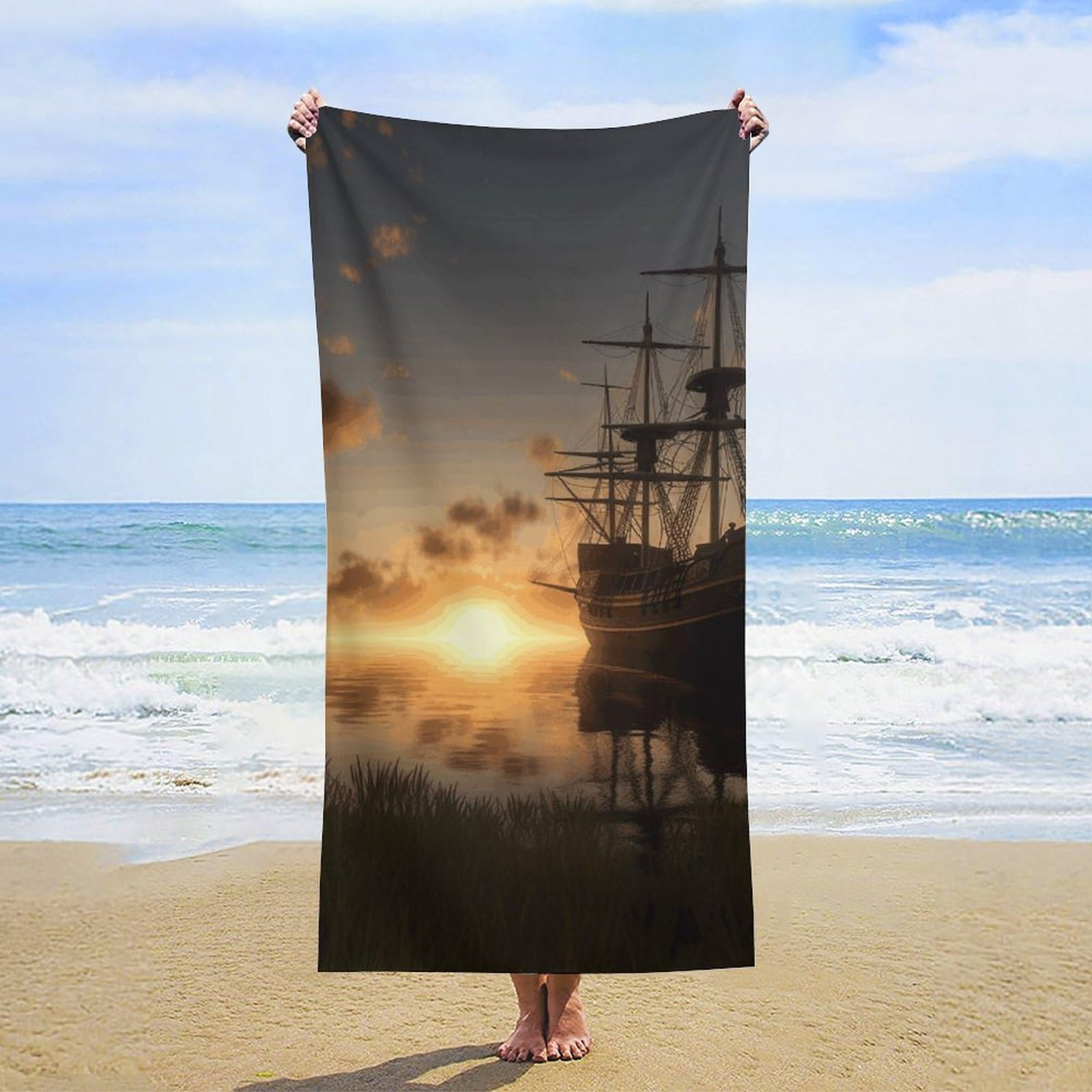 NTVOWPZO Ship in The Lake Sunset Beach Towel Oversized Microfiber Bath Towels Lightweight Sand Proof Beach Towels Absorbent Pool Towels for Swimming Yoga Bathroom Towel 31.5" X 63"