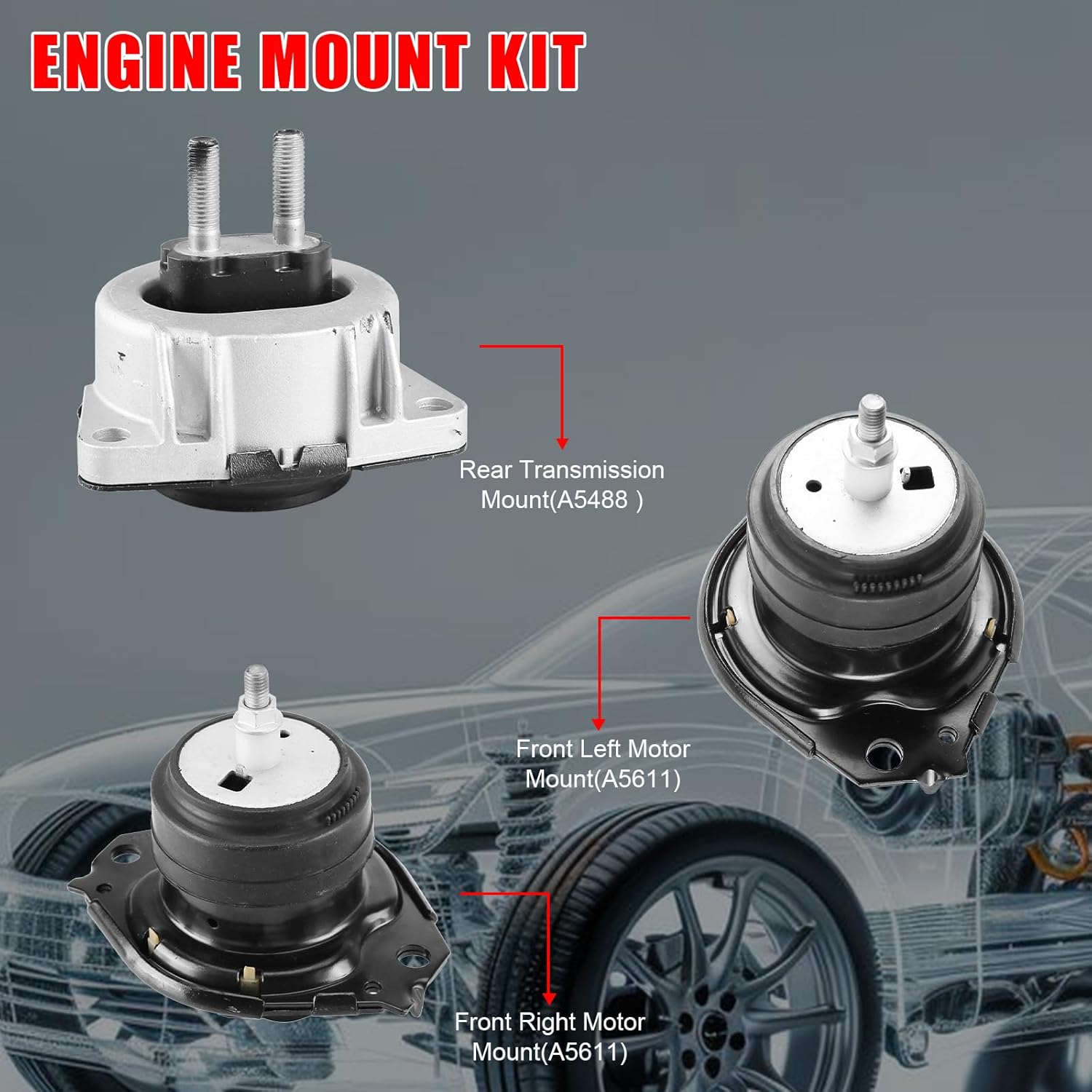 3Pcs Engine Motor Mount & Transmission Mount Compatible with Jeep Grand Cherokee and for Dodge Durango 3.6L 5.7L RWD 2011-2019 Replace# A5611 A5488 5038548AB 68032662AD