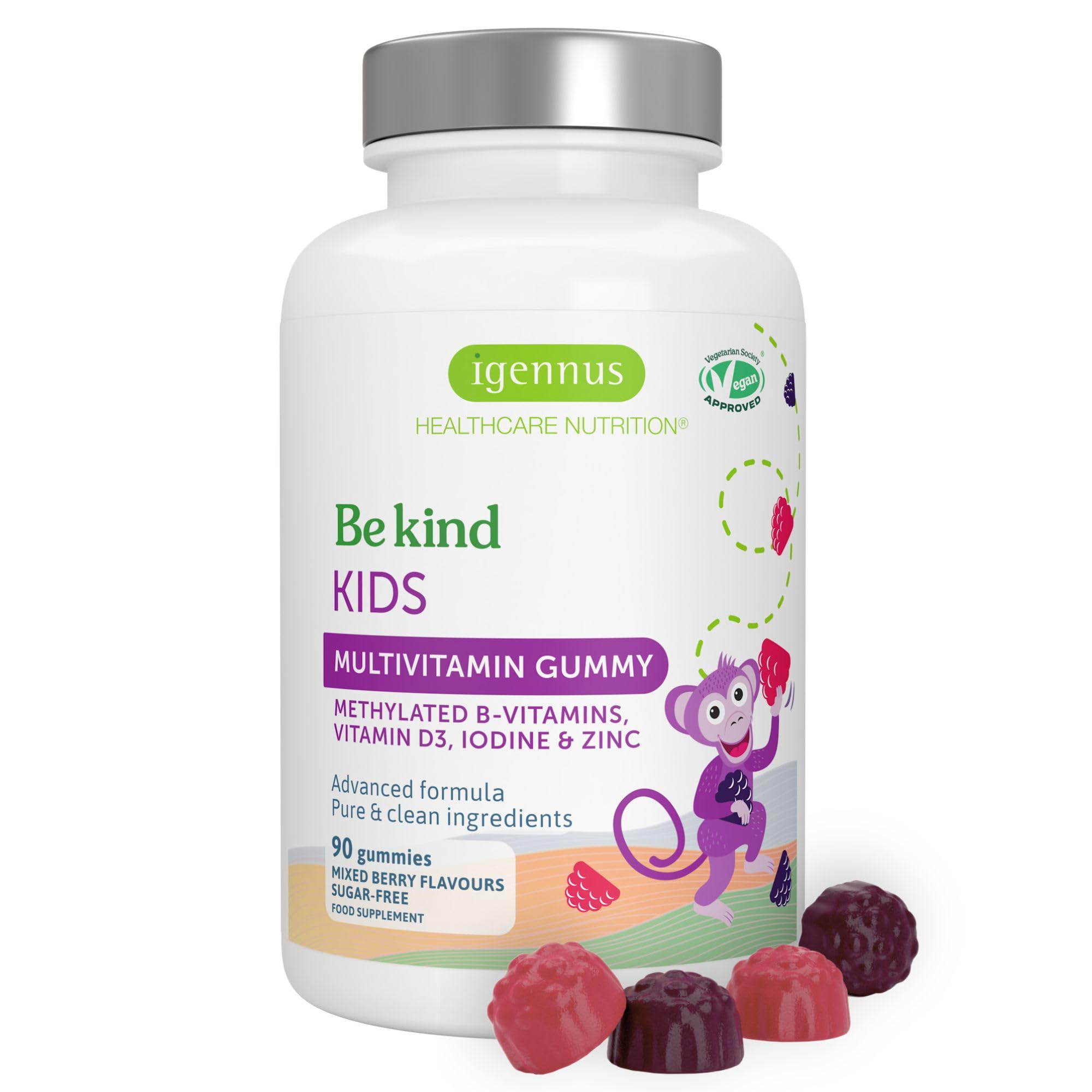 Methylierte Multivitamin Fruchtgummis für Kinder, aktive B-Vitamine, 90 Stück, Clean Label, zuckerfrei, ab 4 Jahren, Beerengeschmack, vegan, ohne künstliche Süßstoffe & Aromen, von Igennus