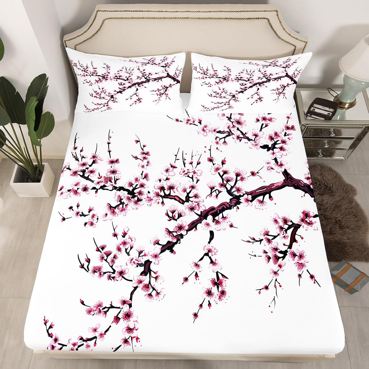 Cherry Blossoms Fitted Sheet Japanese Style Bedding Set for Kids Girls Children Chic Pink Floral Flowers Bed Sheet Set Tree Branches Room Decor Full Size 3Pcs