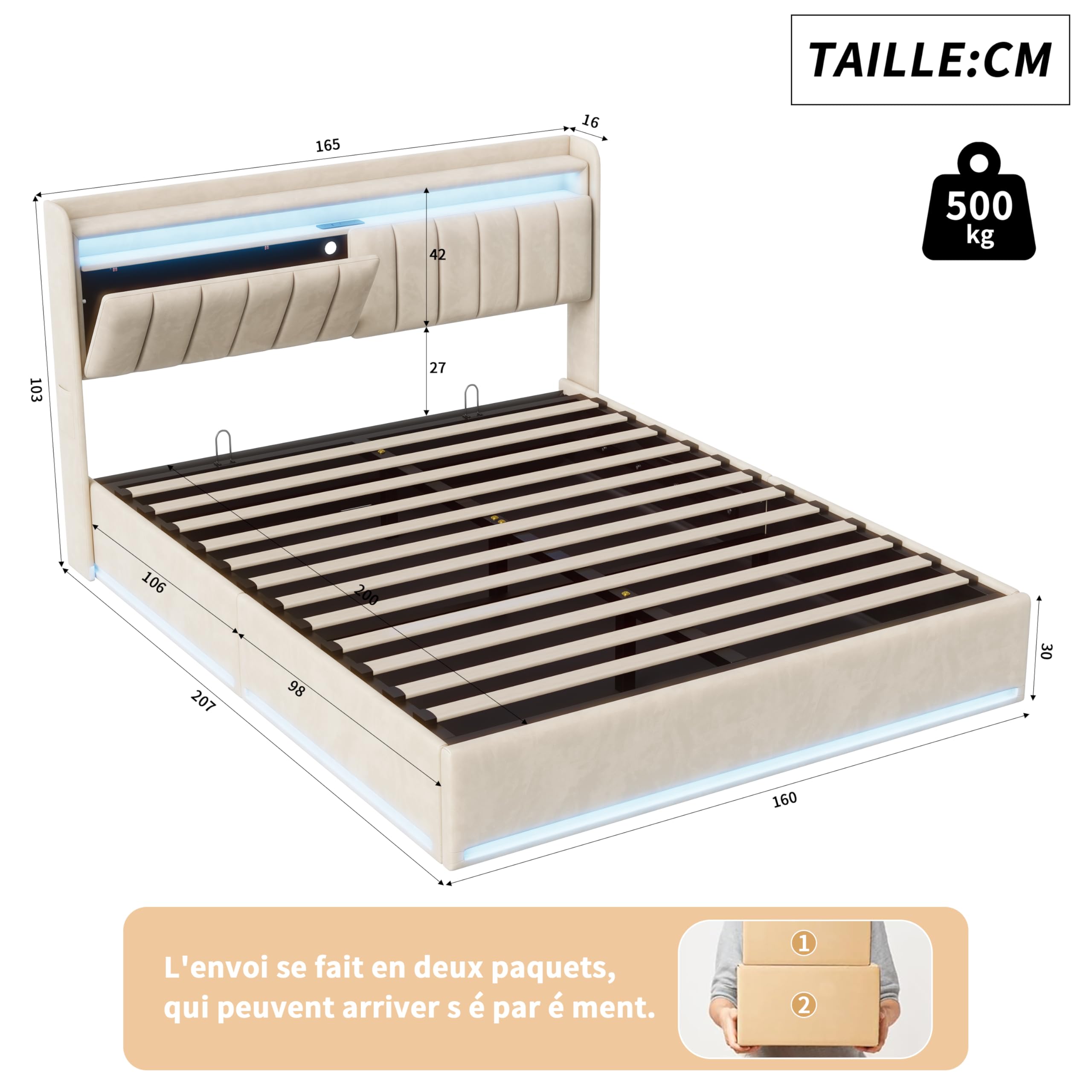 Cama acolchada para cama doble de 160 x 200 cm con LED, cama con espacio de almacenamiento, 160 x 200 cm, cama de almacenamiento hidráulica con cajón, cama funcional con espacio de almacenamiento