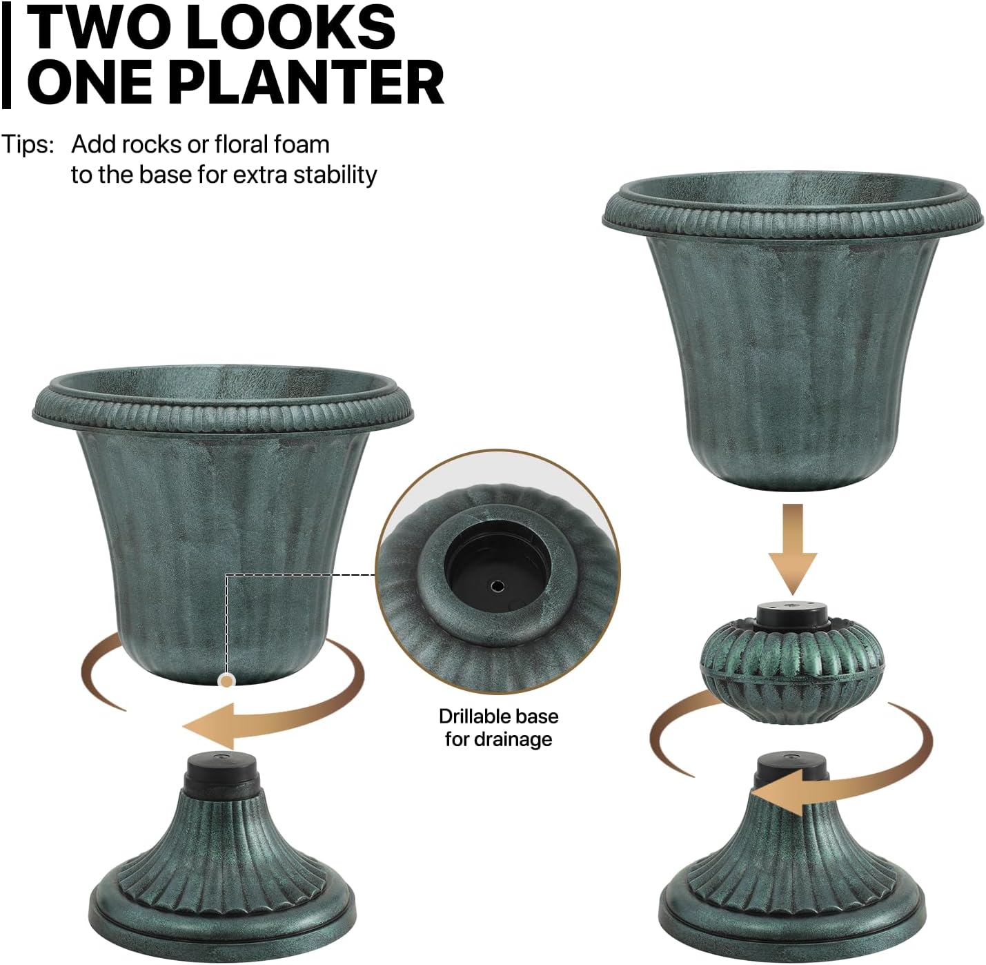 MoNiBloom 20-Inch Plastic Urn Planter Vase – Vintage Roman Flower Pot for Indoor & Outdoor Plants, Patio, Garden, Wedding Decor, Lightweight & Drainage Hole, Retro Home Porch Decor (Dark Green)