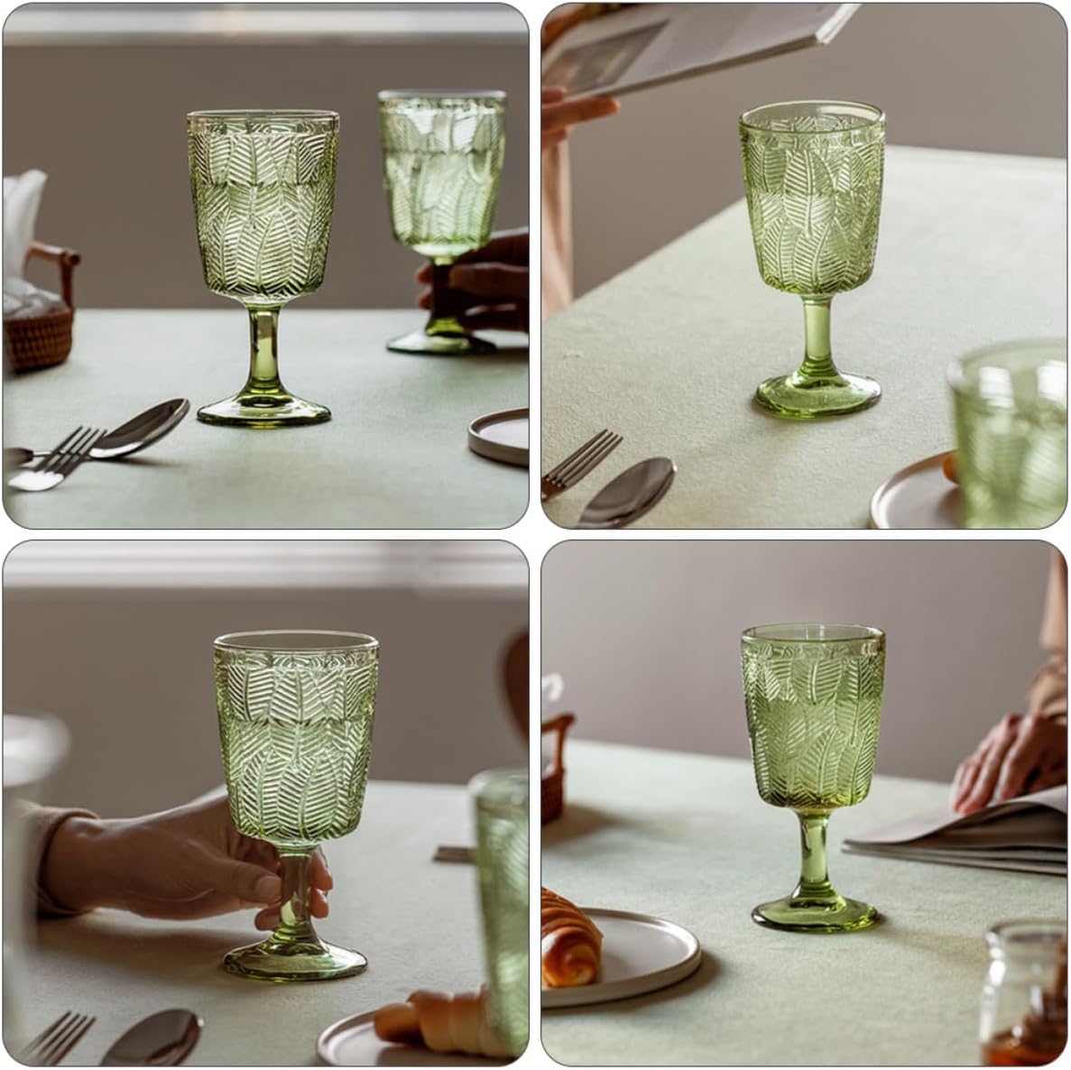VOSAREA Embossed Green Glass Wine Goblet 300ml Lightweight Vintage Retro Style round Mouth Drinkware Easy to Clean Elegant Beverage Cup for Home and Parties
