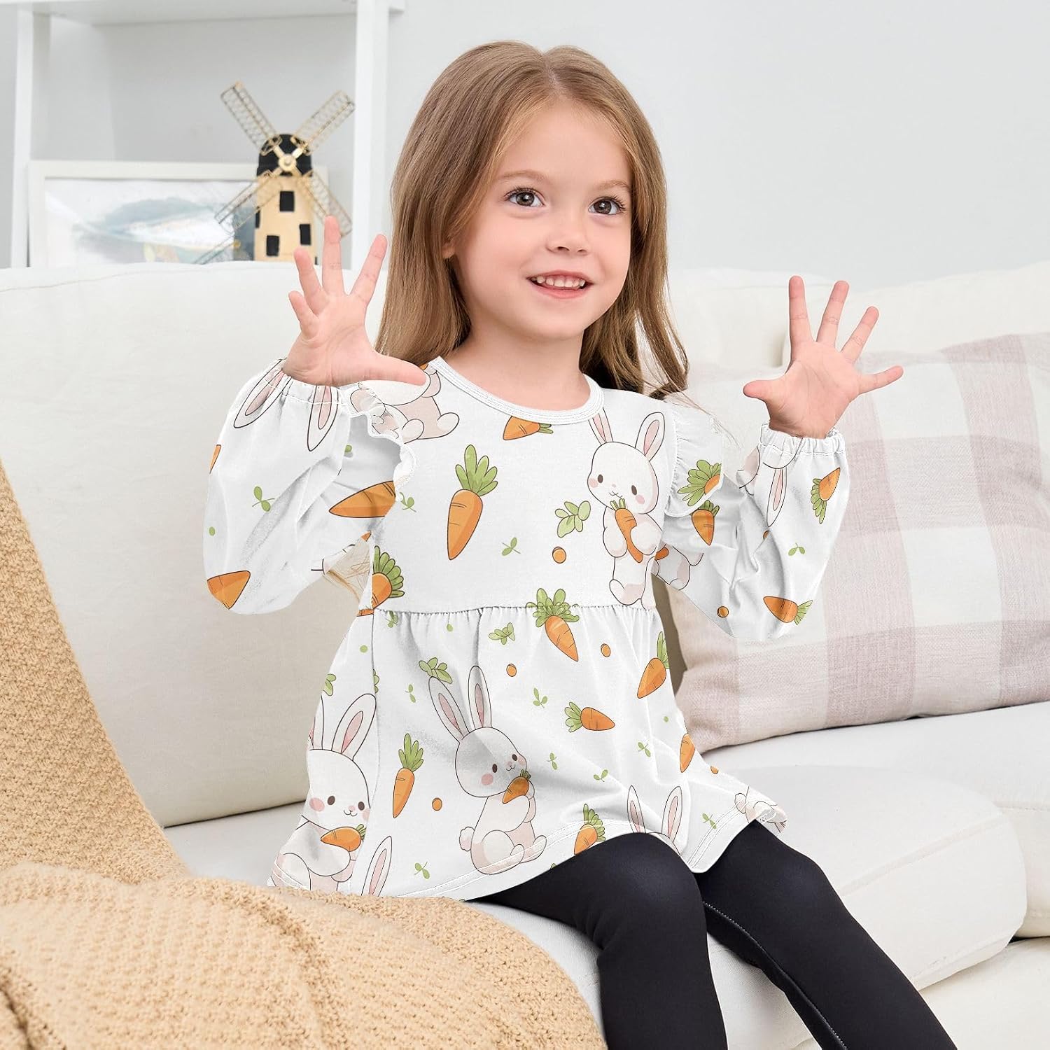 visesunny Toddler Clothes for Girls Cute Orange Carrot Rabbit Long Sleeve Fall Shirts Cotton Top with Ruffle Collar