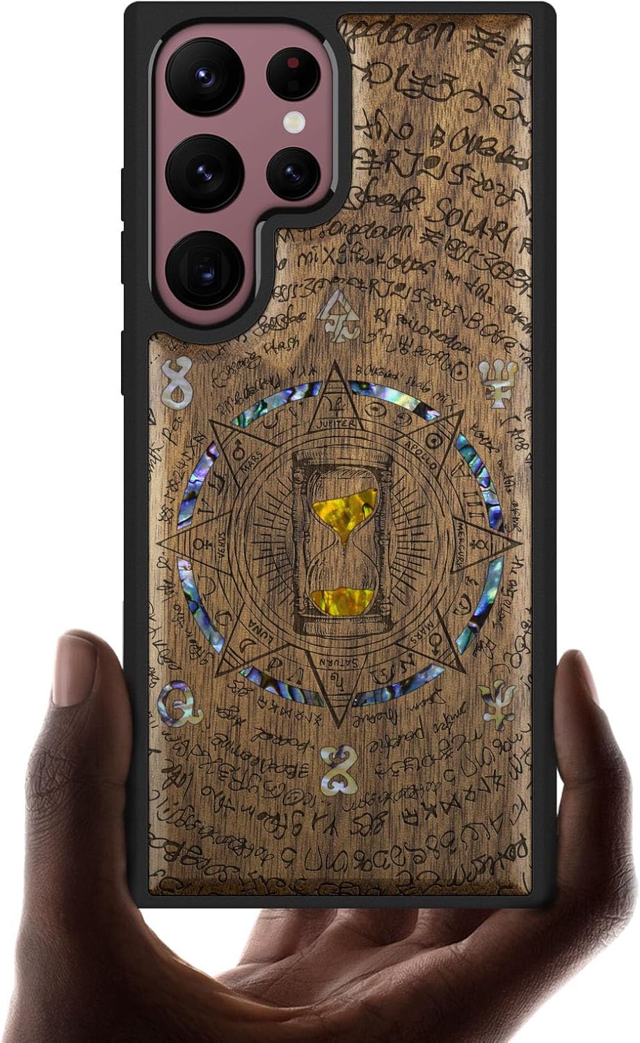 Carveit Designer Wooden Cover for Samsung Galaxy S22 Ultra Case [Wood Engraving & Shell Inlay] Compatible with Wireless Chargers S22 Ultra (Retro Hourglass-Walnut)