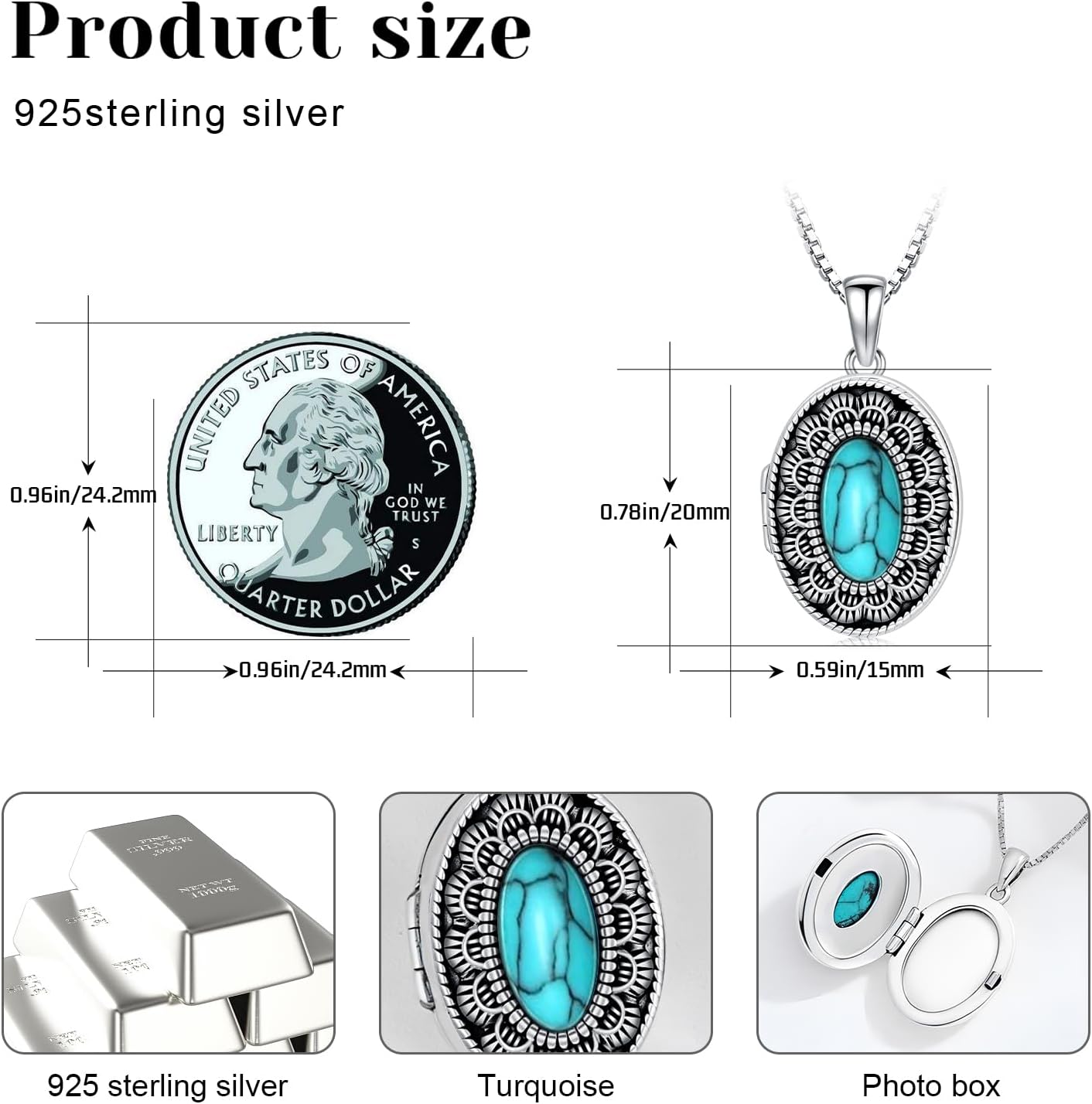 Locket Necklace Sterling Silver Oval Turquoise Flower Pendant Holds Pictures Vintage Style Photos Locket Memorial Jewelry Gifts for Women Men Loved One - Image 4