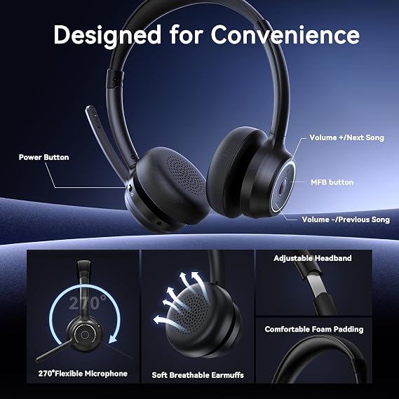 Gixxted (2026 Upgraded) Wireless Headset with Mic for Work, Bluetooth Headset with Noise Canceling Microphone, Wireless Headphones with Mic and USB Dongle and Mute, Fit for Computer/PC/Teams