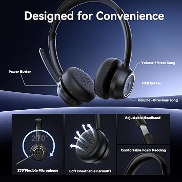 Gixxted (2026 Upgraded) Wireless Headset with Mic for Work, Bluetooth Headset with Noise Canceling Microphone, Wireless Headphones with Mic and USB Dongle and Mute, Fit for Computer/PC/Teams