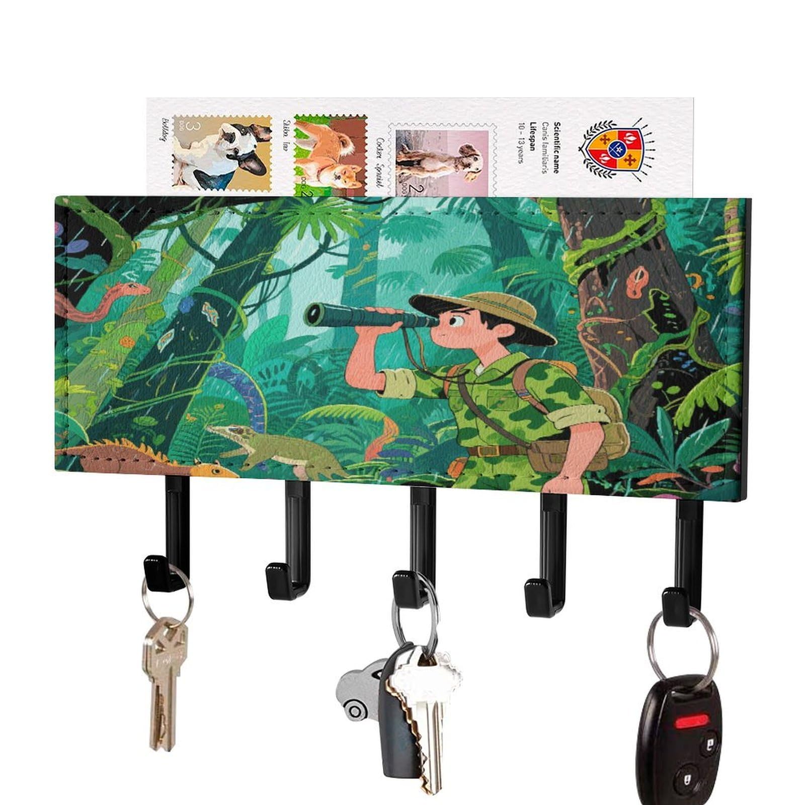 Fekiloot Black-Style Tropical Rainforest Key Holder For Wall Decorative Mail Organizer With 5 Key Hook Self Adhesive Key Rack With Tray Coat Rack Wall Mount Key Hanger Decor For Entryway Door