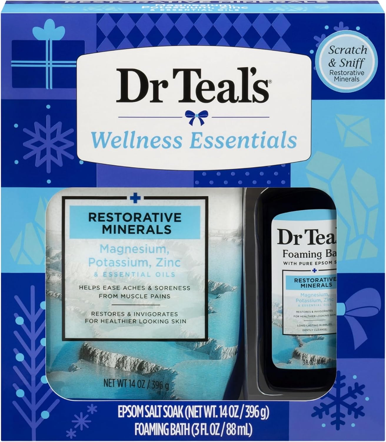 Dr Teal's Holiday Limited Edition Bath Gift Set | Epsom Salt Soak and Foaming Liquid, 14 oz Salt, 3 fl oz Bath (Fresh Minerals)