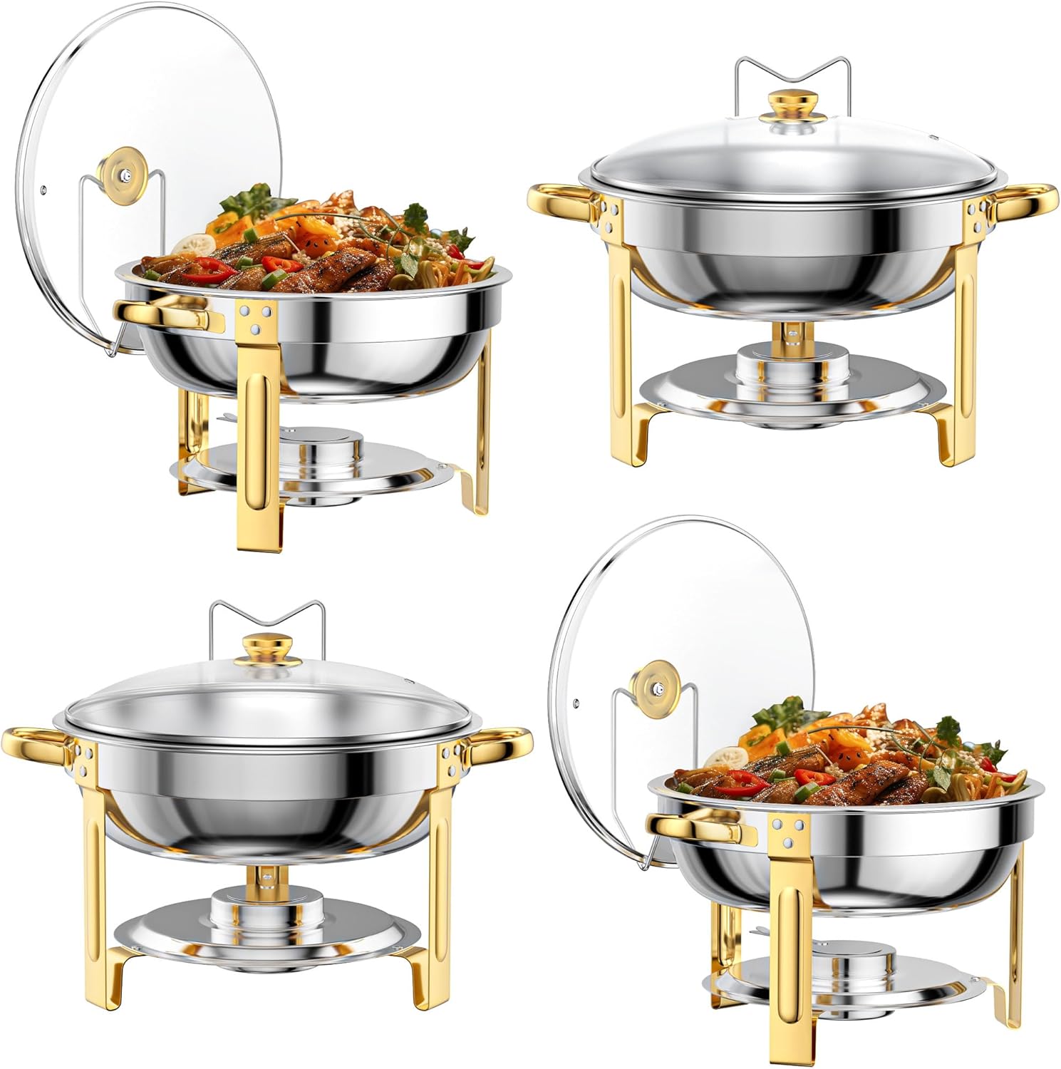 Photo 1 of  Chafing Dishes for Buffet Set: 100% Pre-Installed Chafers for Catering - Round Chafing Dish Buffet Set with Lids | Chafers and Buffet Warmers Sets | Serving Food Warmer | Chafers Servers Sets 