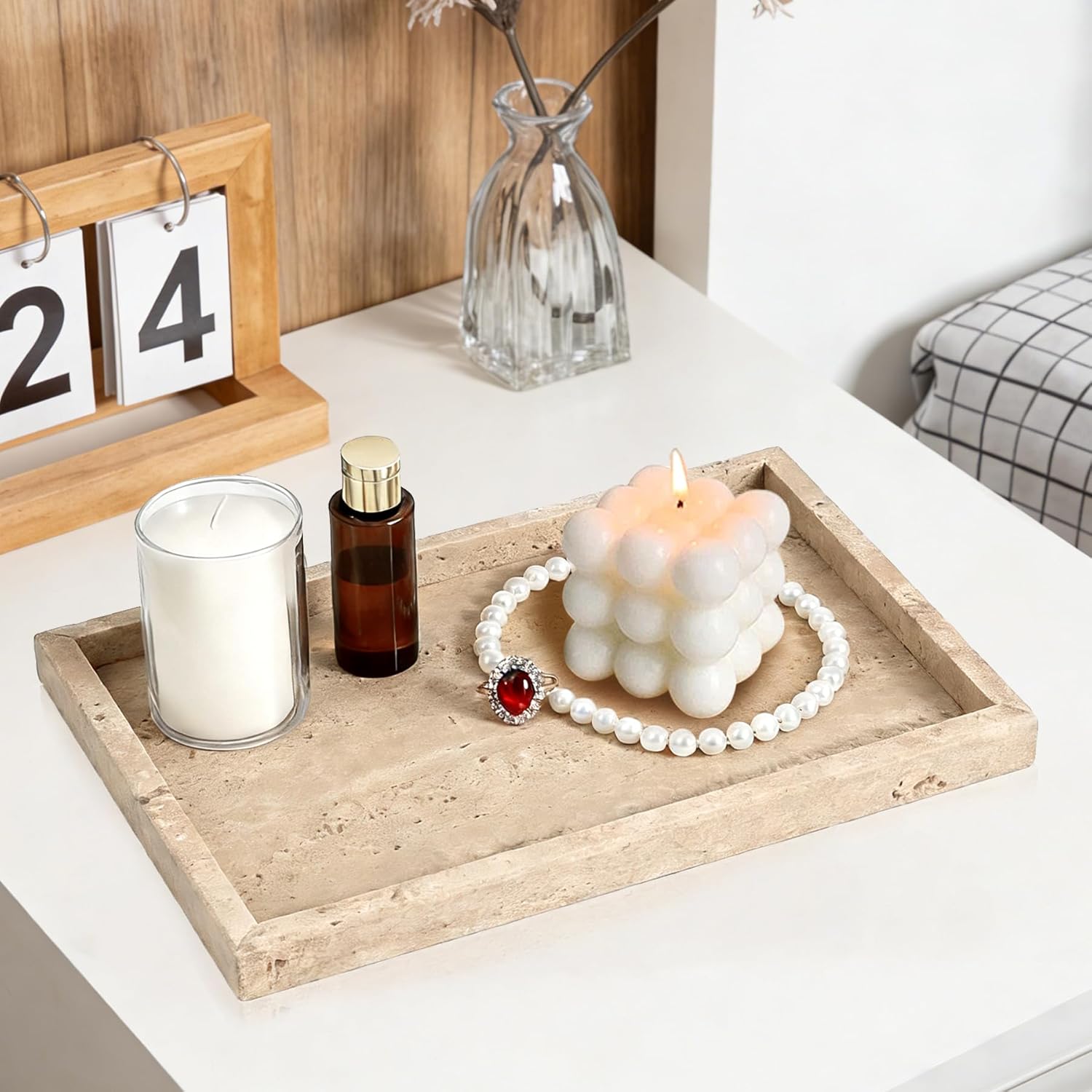 Natural Marble Tray, Stone Tray for Bedroom/Bathroom/Kitchen/Vanity Countertop, Jewelry Tray for Rings Earrings Necklace Bracelet Watch, Room Decor Aesthetic