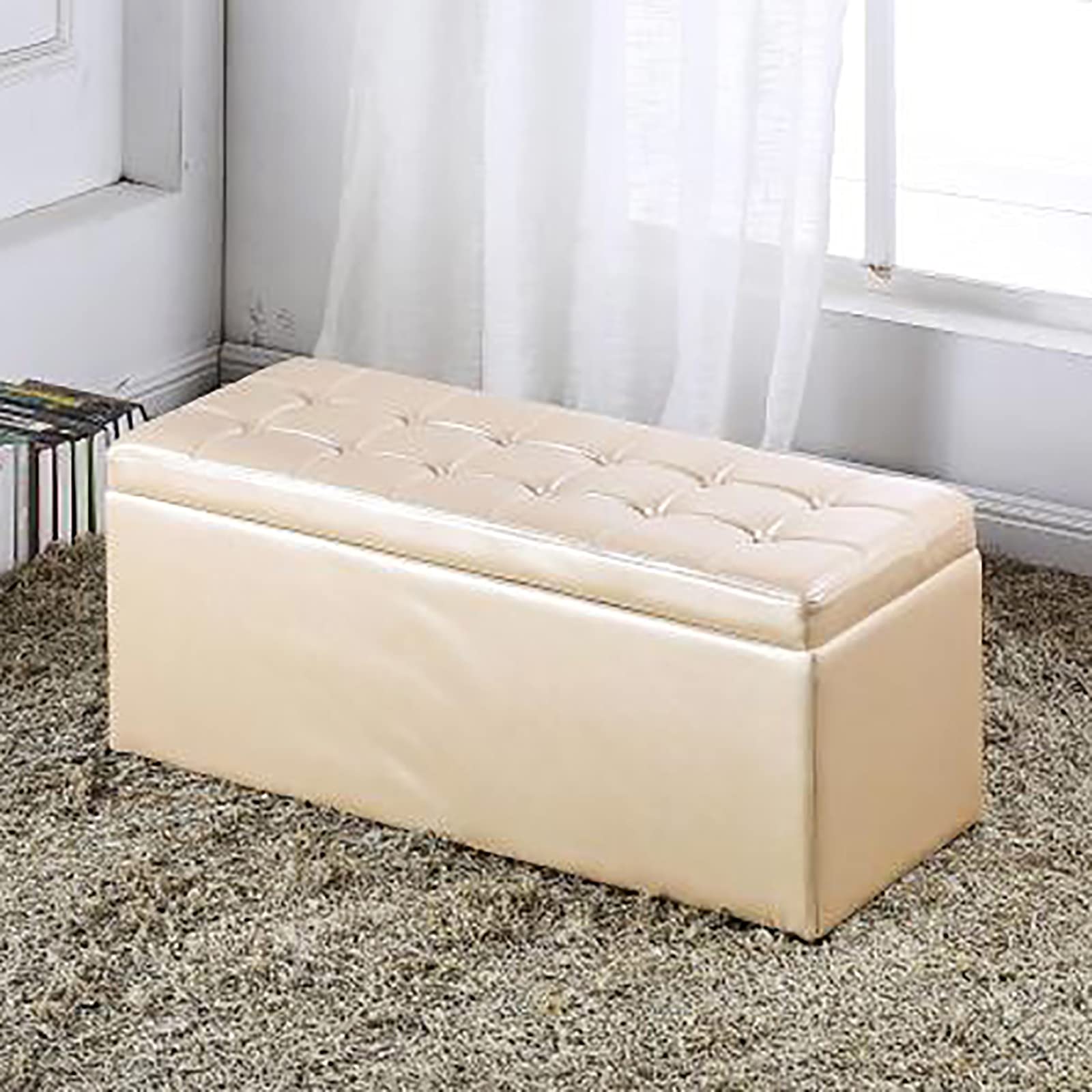 Ottoman repose-pieds multifonction blanc crème rembourré en bois