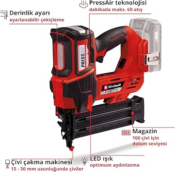 Einhell Professional Cordless Nailer FixETTO 18/50 N Power X-Change (بما في ذلك 18V ، 60 لقطة / دقيقة ، أقصى طول للمسمار 50 مم ، تعديل العمق ، وضع اللقطة المفردة / المتسلسلة ، 500 مسمار) - 425795