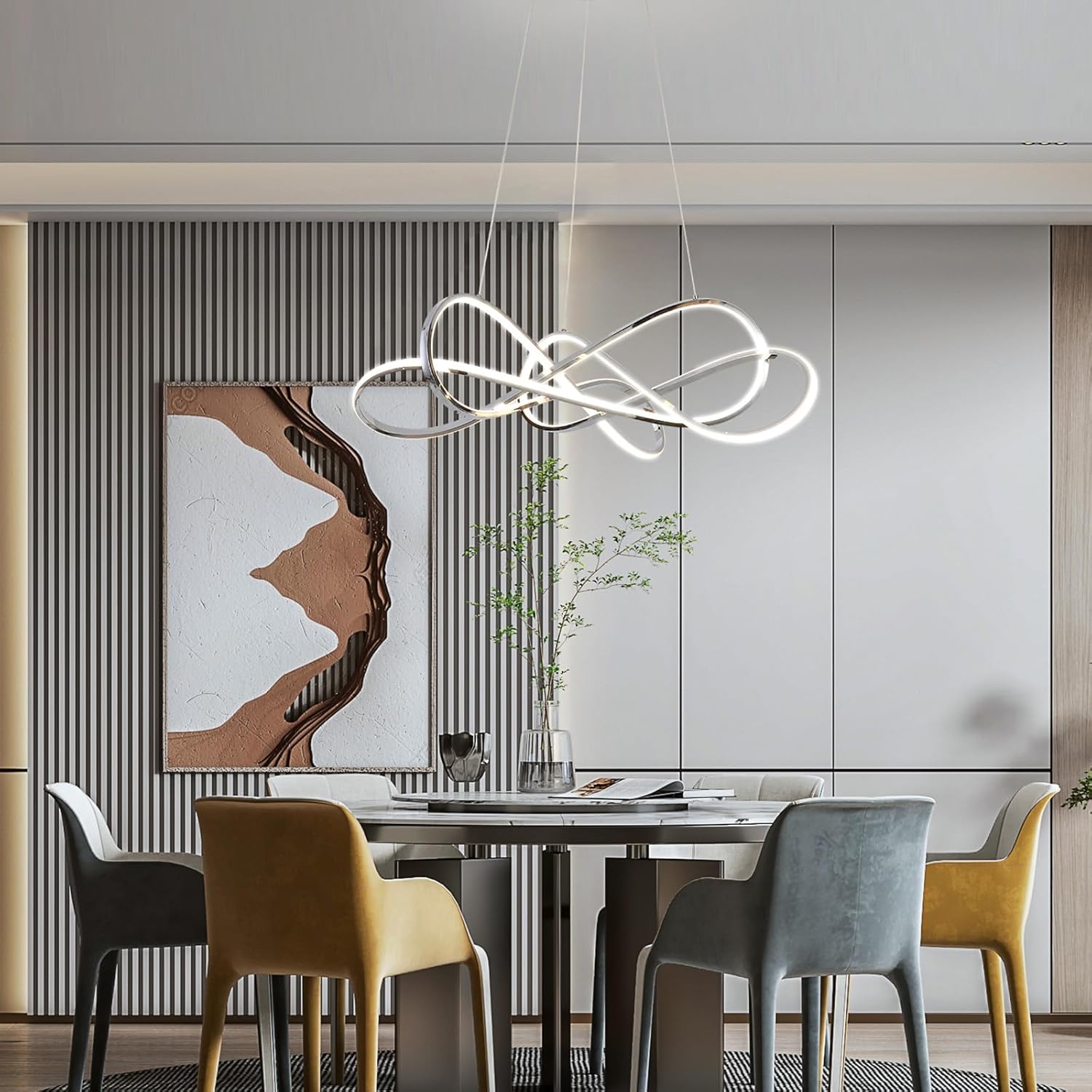 LED Pendant Lights Modern DIY Chrome Plated Dimmable Chandelier Adjustable Hanging Pendant Lamp Fixtures for Dining Living Room Kitchen Room Bar With RC (Chrome Plated, Dia25.6-30xH7.9 Inch)