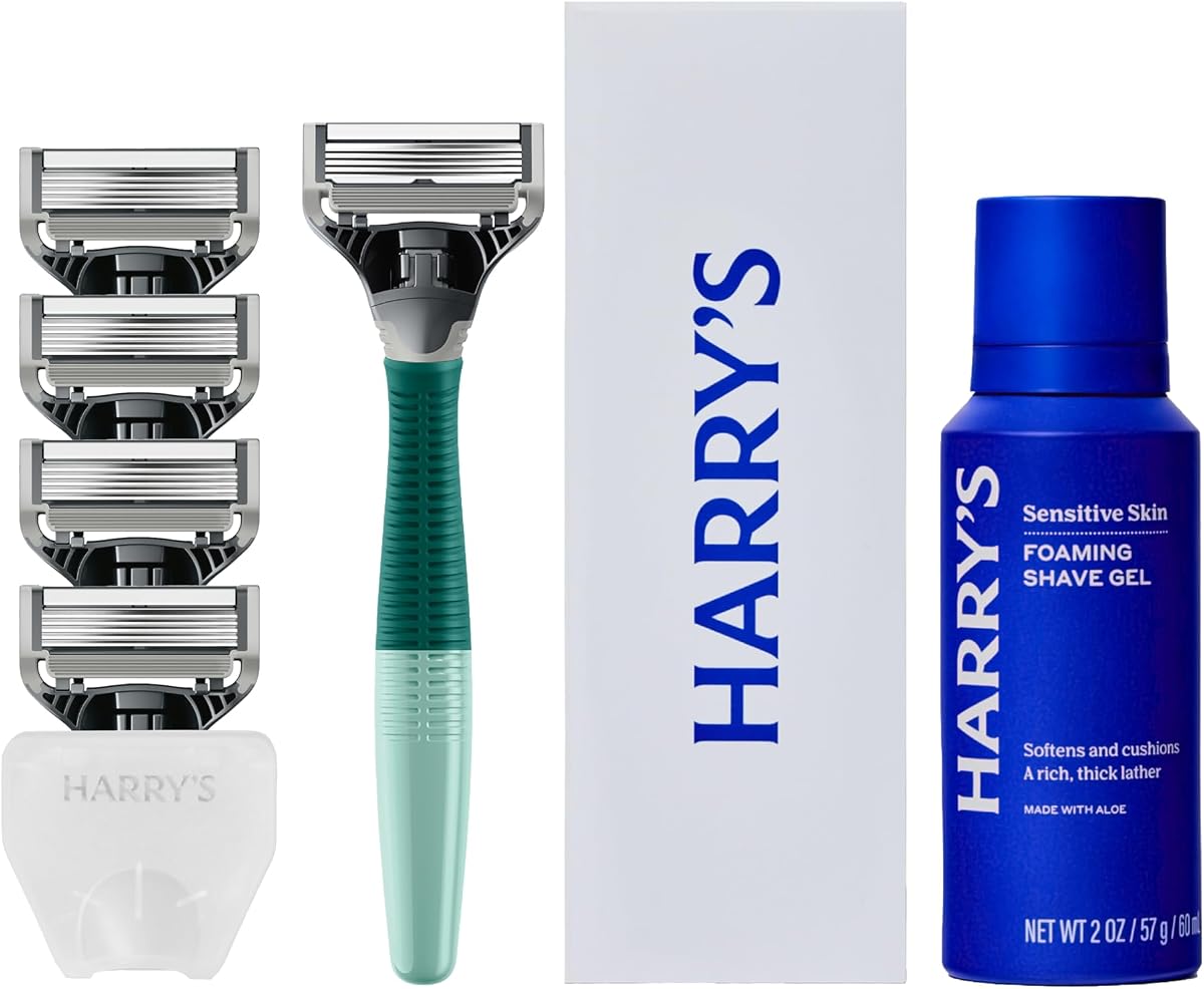 Harry's Original Shaving Kit for Men - Razor Handle, 5 Refills, Shave Gel | Includes Travel Blade Cover - TSA Approved Travel Essentials - German Engineered - Sage