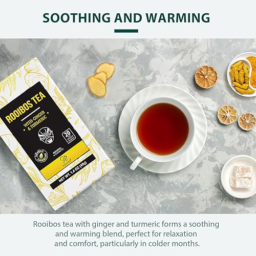 Miniatura 5 de Soeos Té Rooibos, jengibre y cúrcuma, té de hierbas, té de hierbas naturalmente dulce, té sin cafeína, paquete de 5, 20 bolsas de té cada uno.