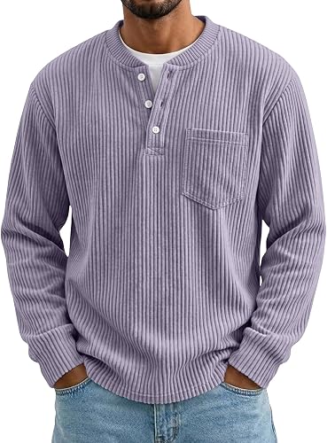 Corduroy Shirt Men Henley Long Sleeve Button Down Pullover S