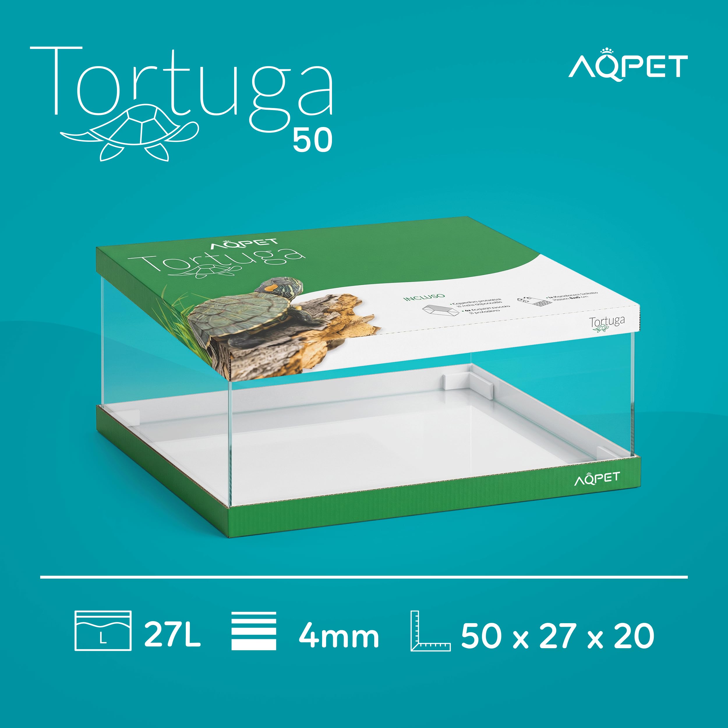 AQPET Tortuguera de Cristal con Tapa e Isla para Tortugas de Agua Tortuga, 50, 50 x 27 x 20 cm, 27 litros