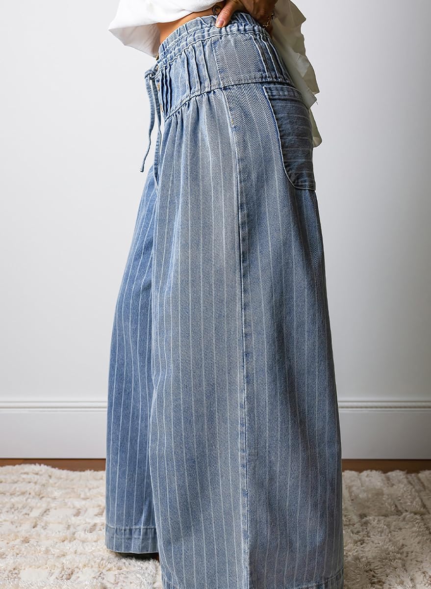 chouyatou Women's Baggy High Waist Striped Denim Pant Boyfriend Y2k Pleated Flared Wide Leg Culotte Jeans