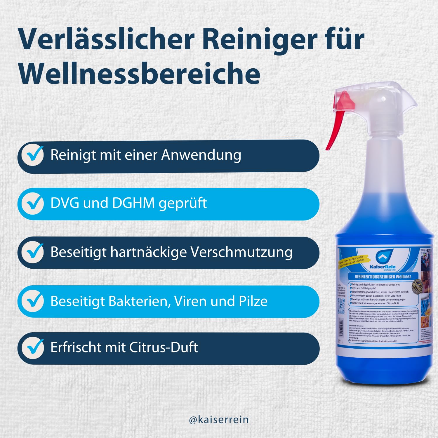 KaiserRein Desinfektionsreiniger Wellness 10 L Kanister inkl. 2 x 1 L Sprühflasche Set Desinfektionsmittel für Oberflächen, Liegen, Türklinken, Fitnessgeräte, Toiletten usw.
