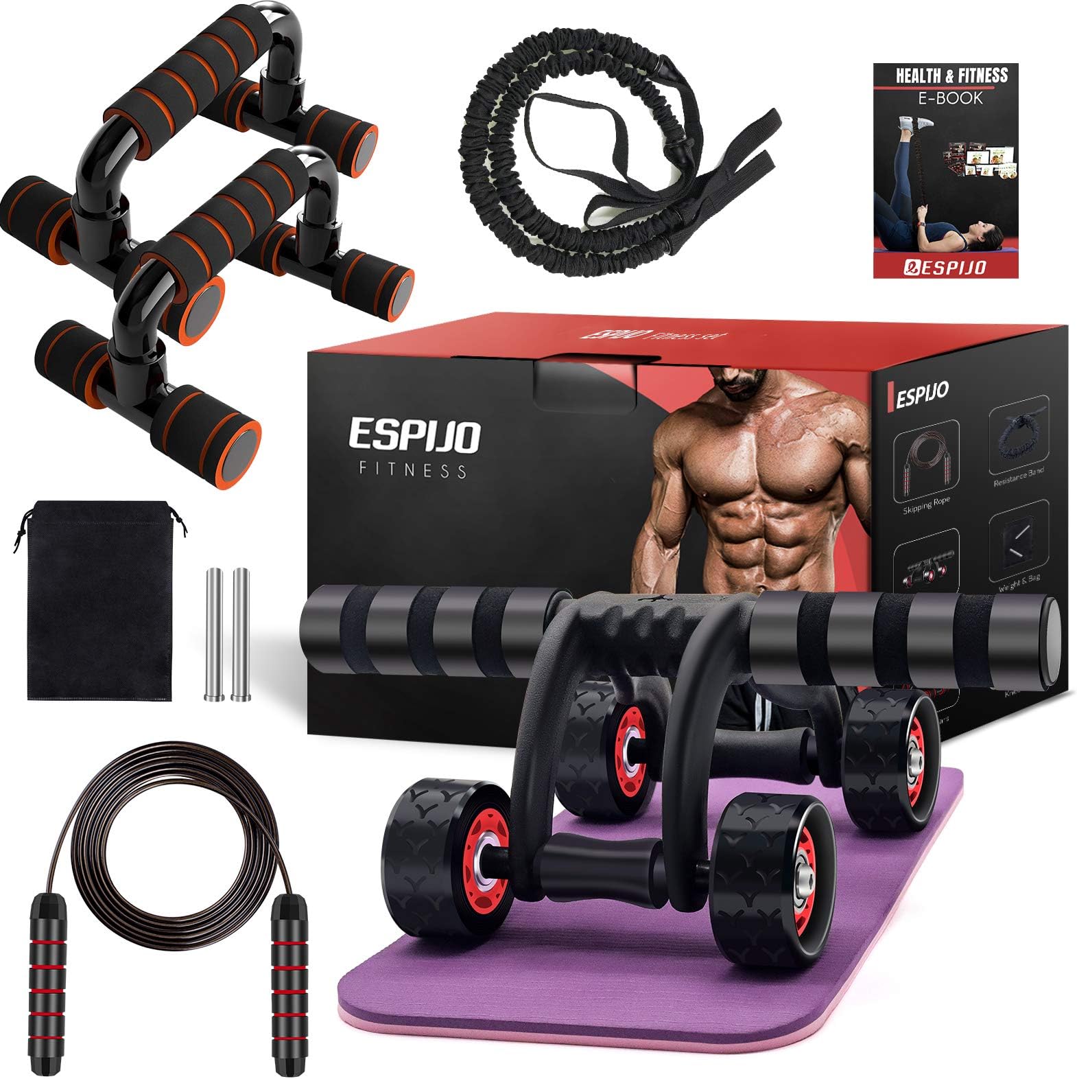 ESPIJO Ab Roller for Abs Workout, 10-in-1 Ab Wheel with Resistance Bands, Knee Mat, Push-Up Bar, Jump Rope, Carry Bag & Weights - Exercise Roller Wheels Perfect Home Gym Fitness Equipment for Men & Women
