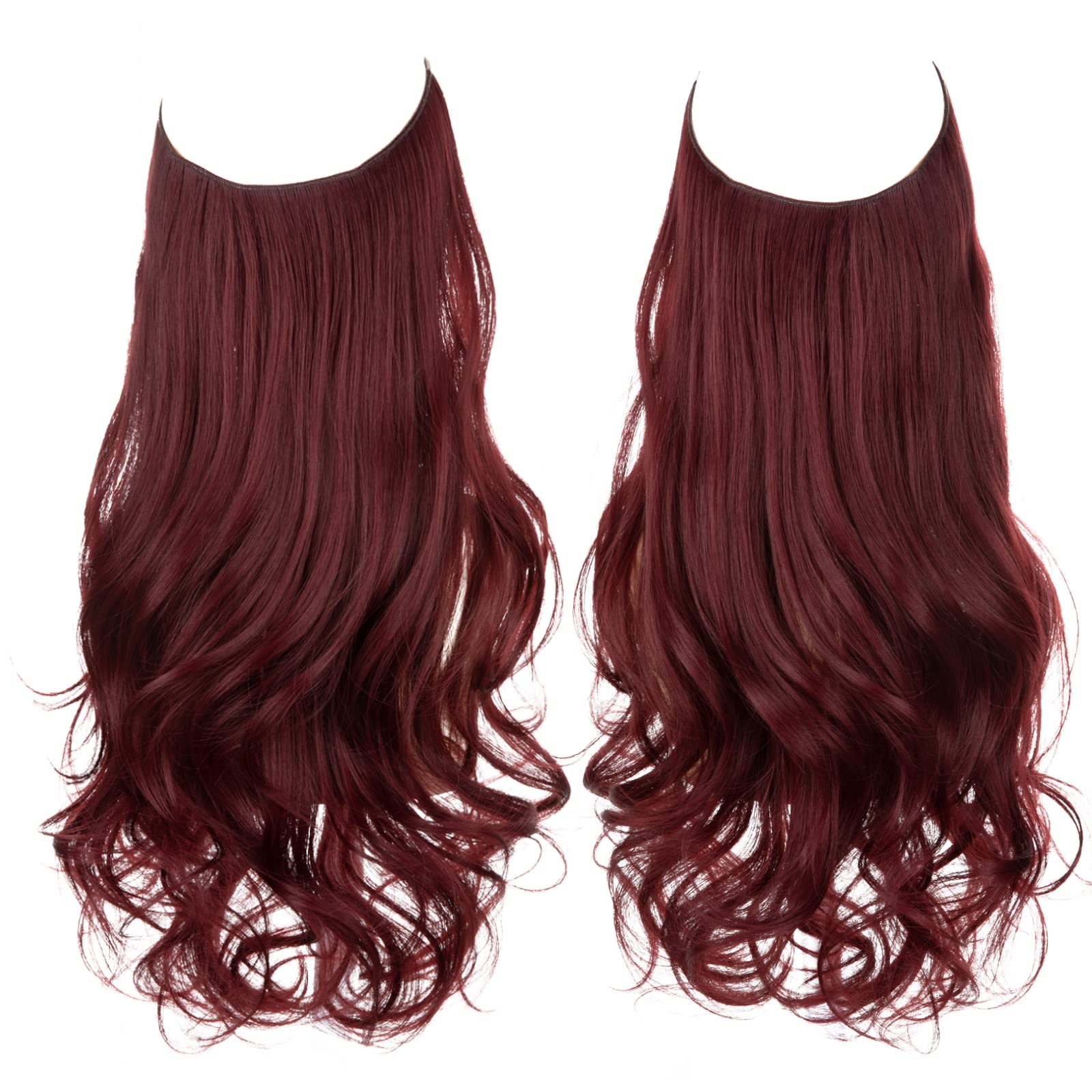 SARLA Invisible Wire Hair Extensions with 3 Clips Long 18 Inch Synthetic Wavy Curly Hairpiece for Women Adjustable Transparent Headband Wine Red - Image 2