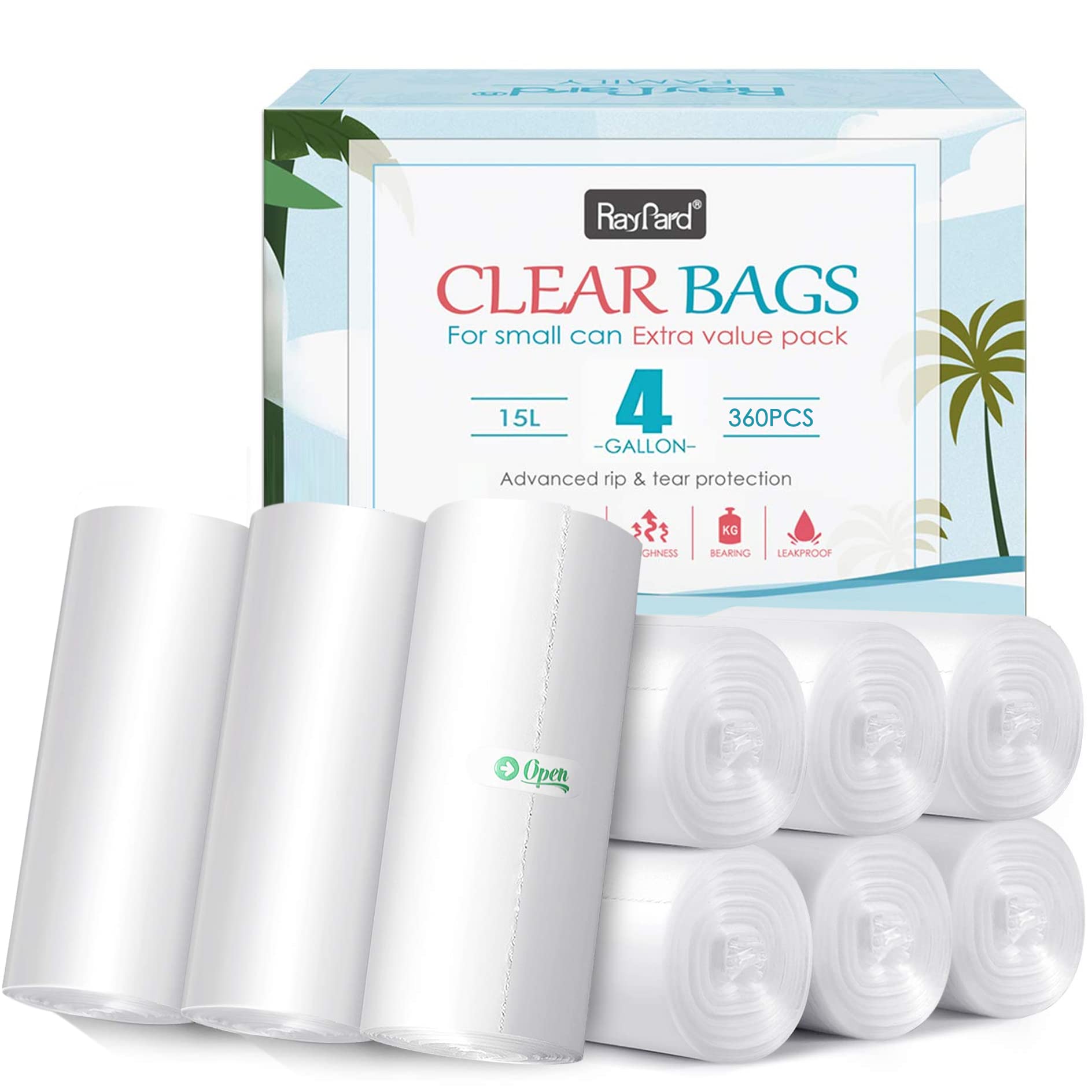 Photo 1 of 4 Gallon 360 Counts Strong Trash Bags Garbage Bags by RayPard, fit 12-15 Liter, 3,3.5,4.5 Gal trash Bin Liners for Home Office Kitchen Bathroom Bedroom, Clear 4 Gallon Clear