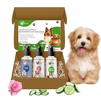 Pet Life Quick Cleaning & Refreshing Kit for Dogs (Dry Bath Shampoo, Antiseptic Freshener, Skin Toner)– Dog Care Kit for Cleaner & Smoother Coat, Controls Odour, Anti Itching | All Dog Breed -180ml