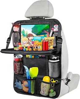 1 Stück Rückenlehnenschutz Auto Kinder mit 10 Zoll Tablet-Tasche, 600D Oxford Stoff Wasserdicht Autositz Rücksitz Organizer Autositzschoner Rückenlehne mit Klapptisch, Tablet Tasche und Viele Taschen