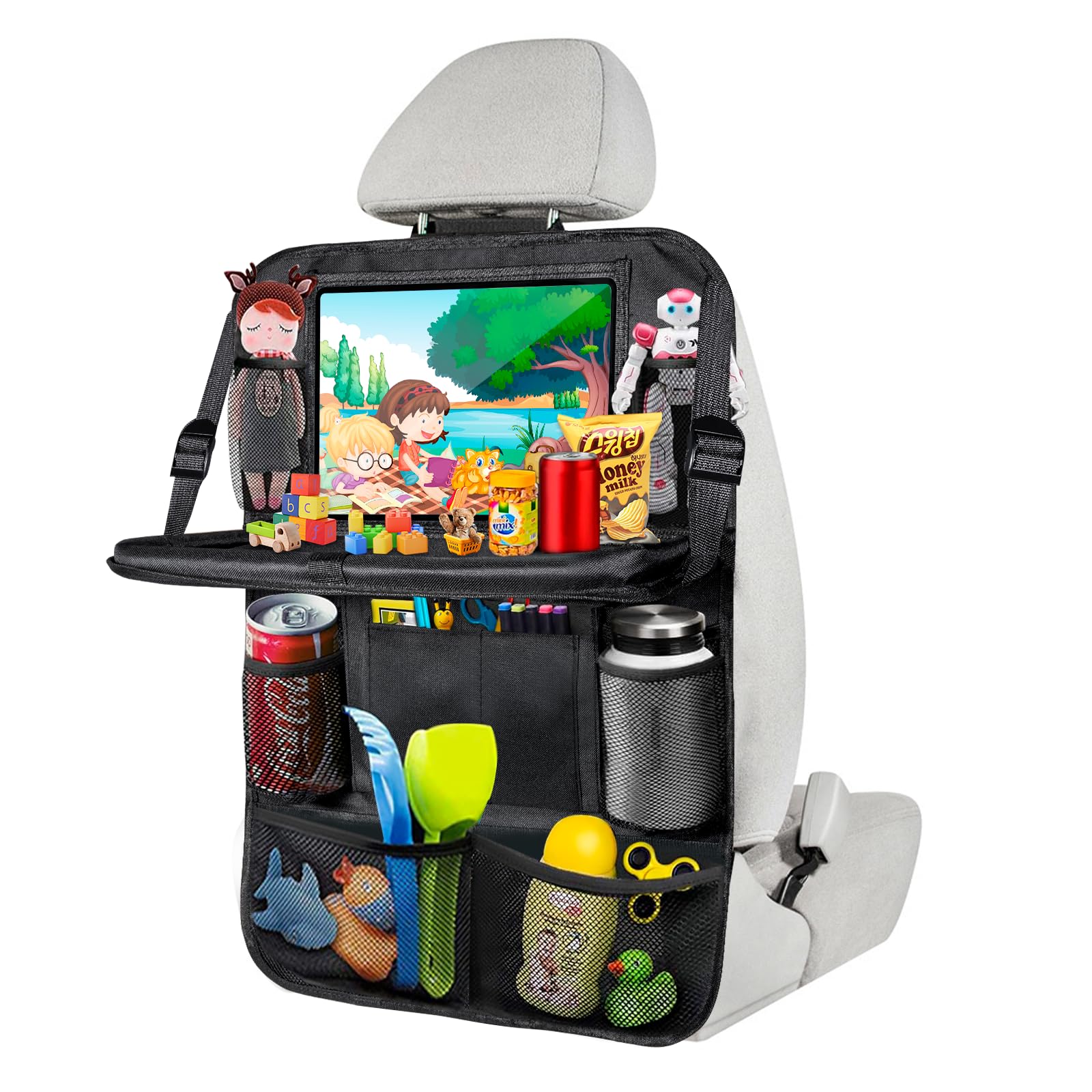 1 Stück Rückenlehnenschutz Auto Kinder mit 10 Zoll Tablet-Tasche, 600D Oxford Stoff Wasserdicht Autositz Rücksitz Organizer Autositzschoner Rückenlehne mit Klapptisch, Tablet Tasche und Viele Taschen