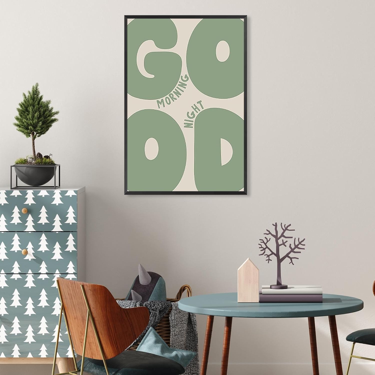 Trendy Good Morning Night Canvas Wall Art Minimalist Sage Green Aesthetic Posters Modern Preppy Positive Painting Pictures For Girly Bedroom Dorm Living Room Wall Decor 16x24in Framed