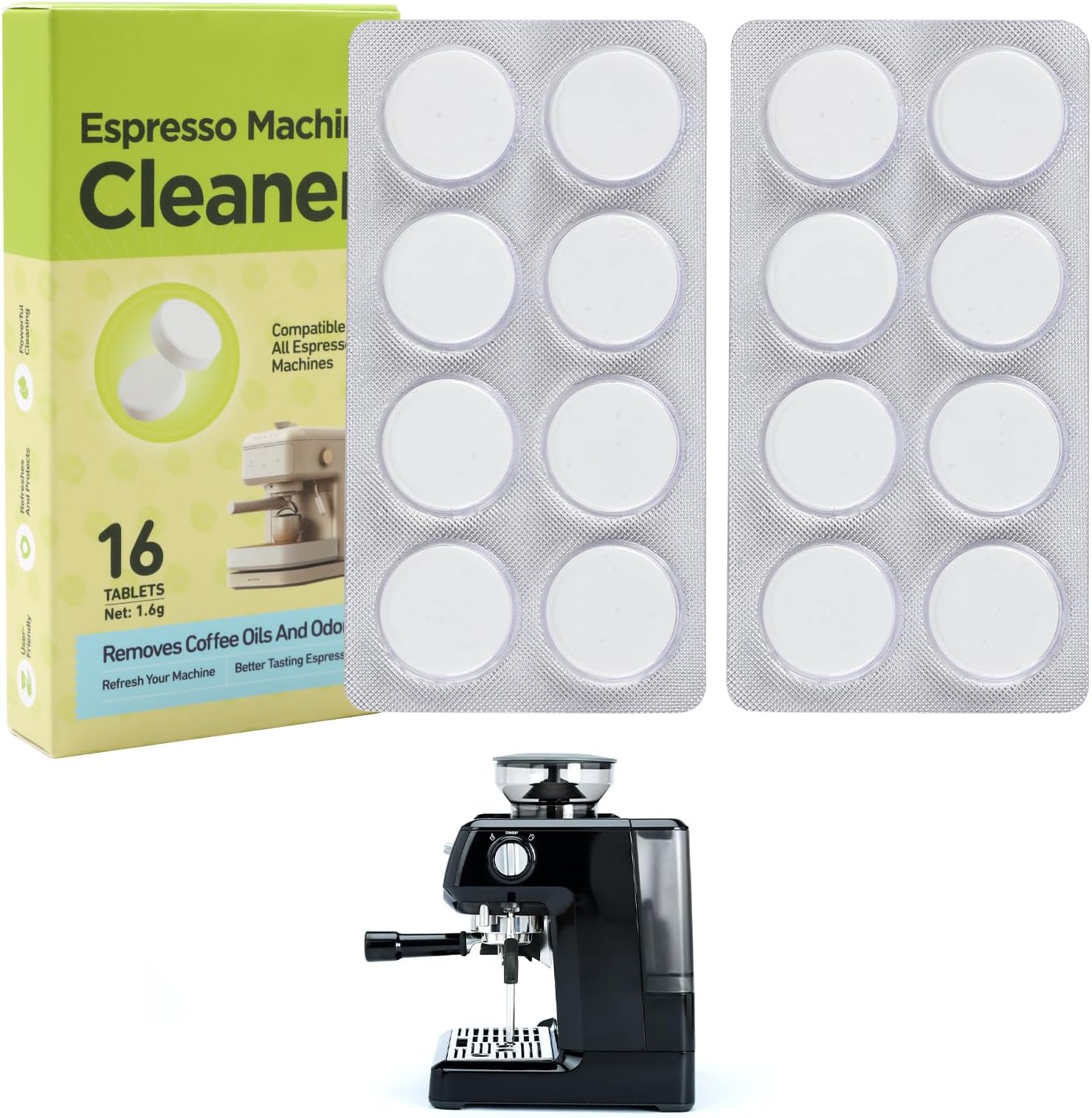 Espresso Machine Cleaning Tablets Removing Mineral Accumulation for Sage Breville ect All Brands Coffee Makers & Capsule Machine 16 Counts x 1.6g Descaling Limescale Remover for Removes Tough Stains