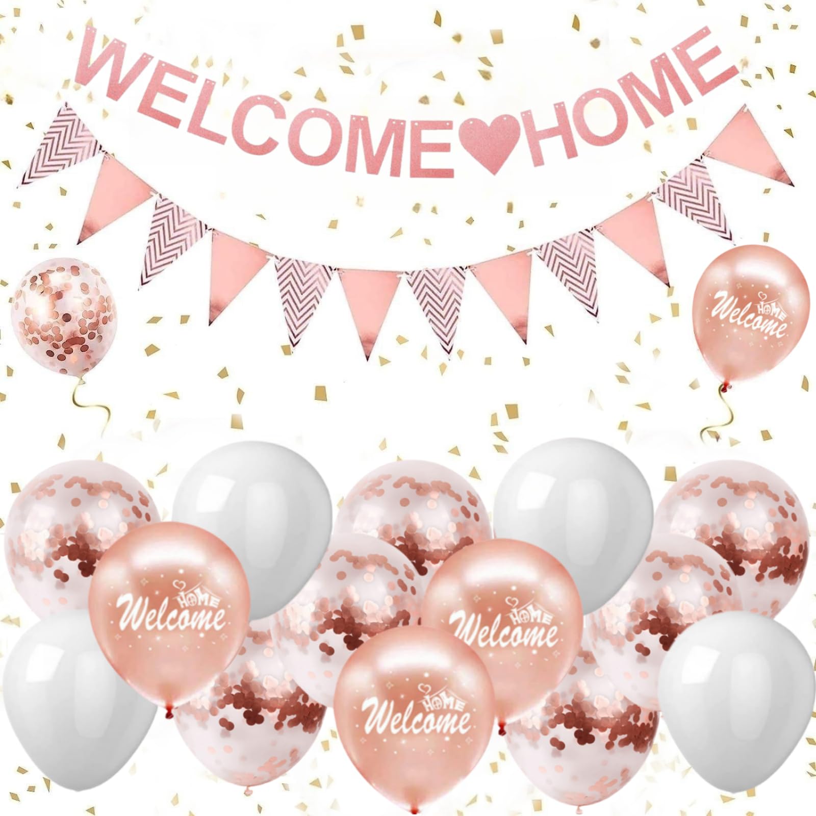 Welcome Home Decorations, Rose Gold Welcome Home Banners Set including Rose Gold Balloons, Glitter Bunting Banner