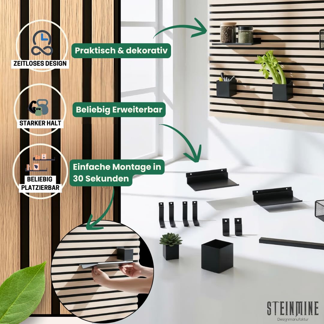 Steinmine - Designmanufaktur Wandorganizer (60 x 120 cm) - Akustikpaneel mit Eichenholzlamellen - inkl. Zubehör - einfache Montage - für Büro, Flur, Küche, Bad und mehr