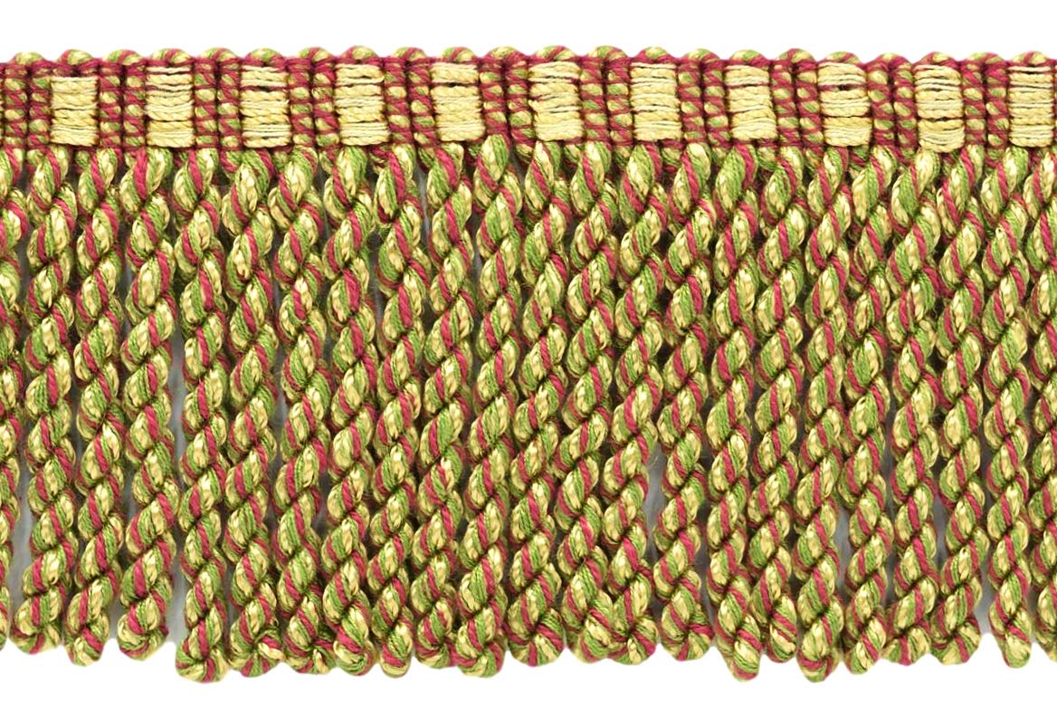 DÉCOPRO 10cm (4") Decorative Bullion Fringe Trim with Fancy Knitted Gimp Header BFMLT4, Fruit Medley Green # P77 (Yellow Green, Light Gold, Pink Red) 4.5m (5 yards/15 ft)
