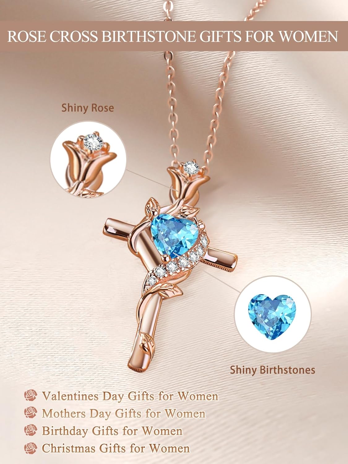 Rose Cross Necklaces for Women, 14K/18K/24K Gold/Rose Gold Cross Jewelry with Birthstone Pendant, Valentines Day Birthday Gifts for Women, 18+2 Inch Chain - Image 3